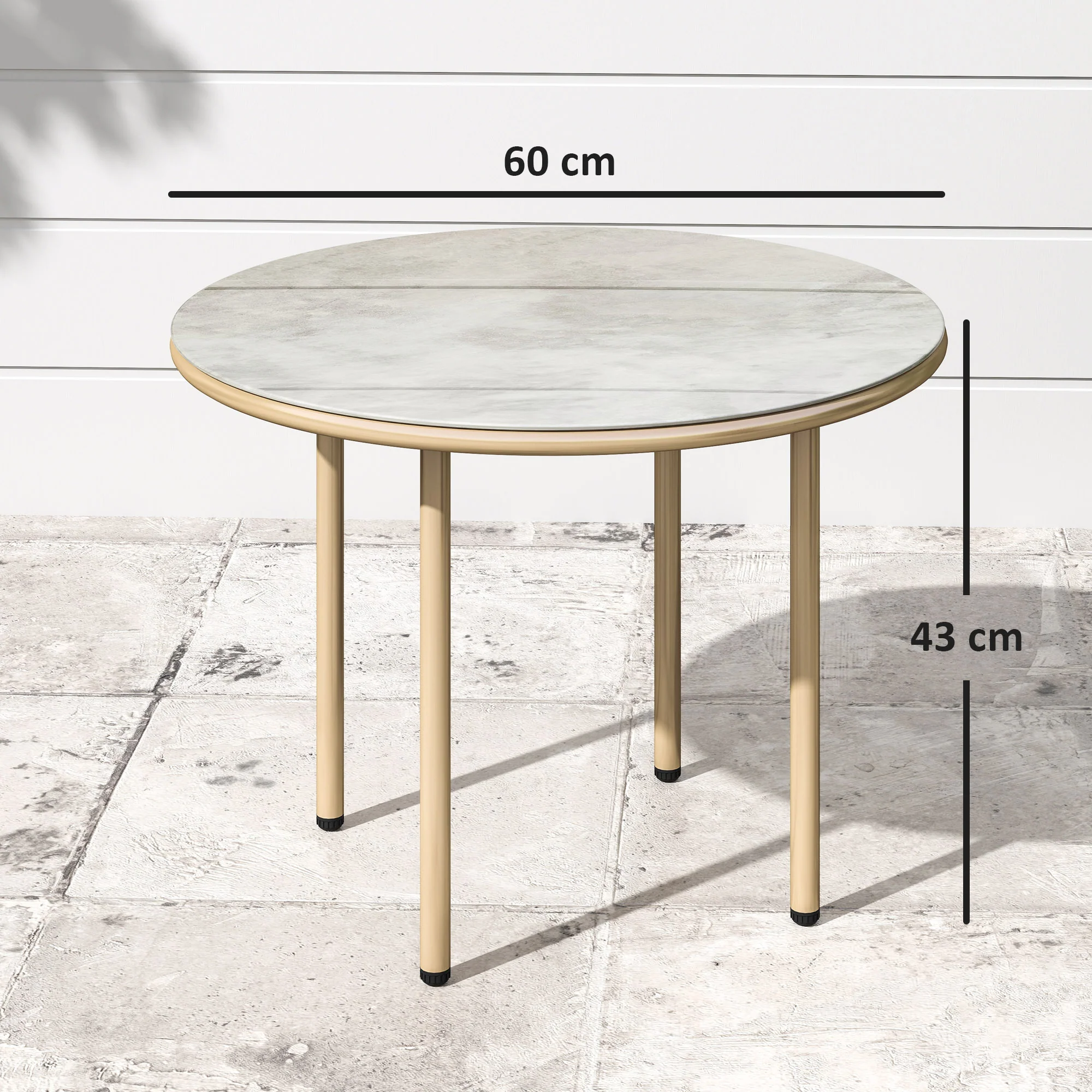 Outsunny Round Small Garden Table with Faux Marble Glass Top, Beige - Image 5