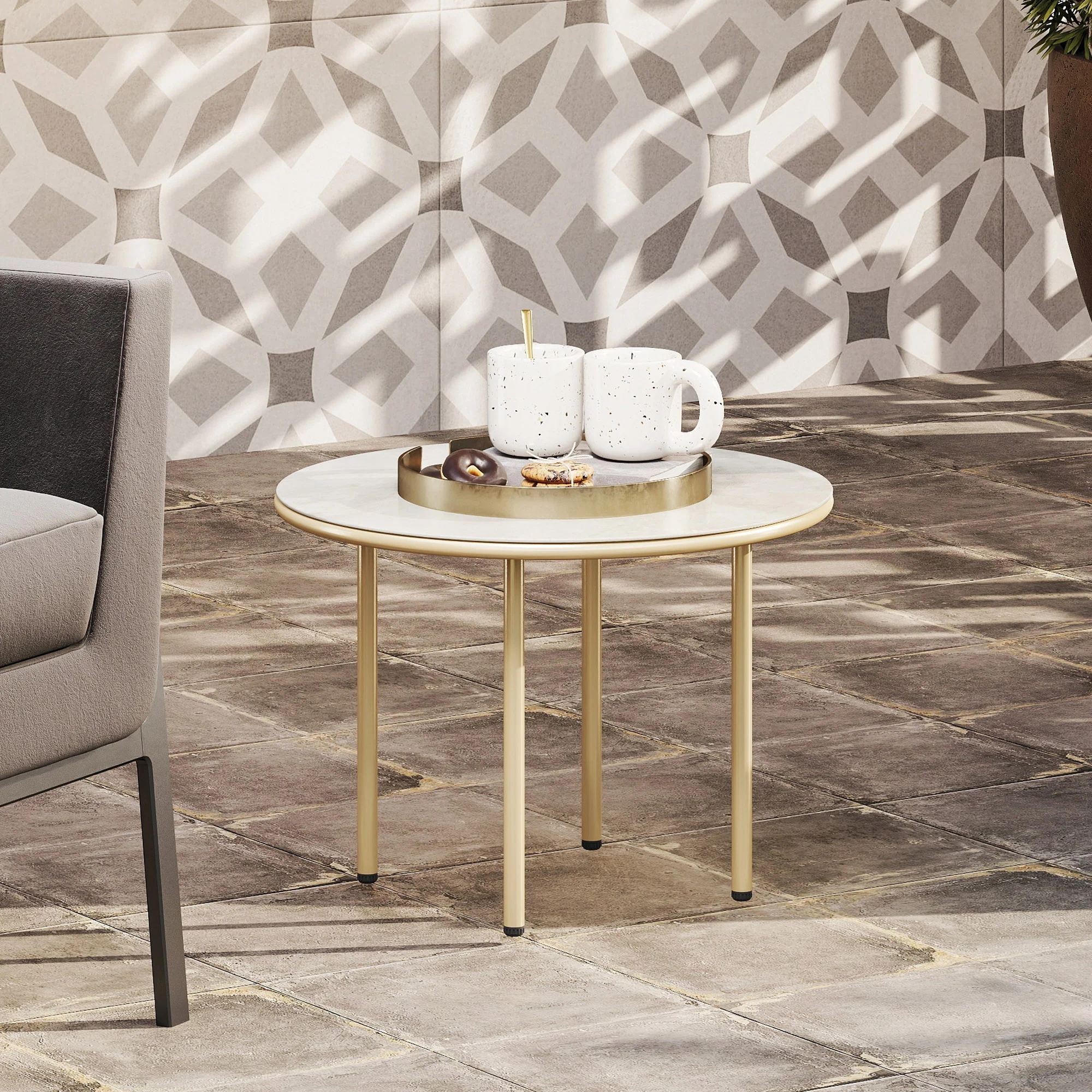 Outsunny Round Small Garden Table with Faux Marble Glass Top, Beige - Image 7