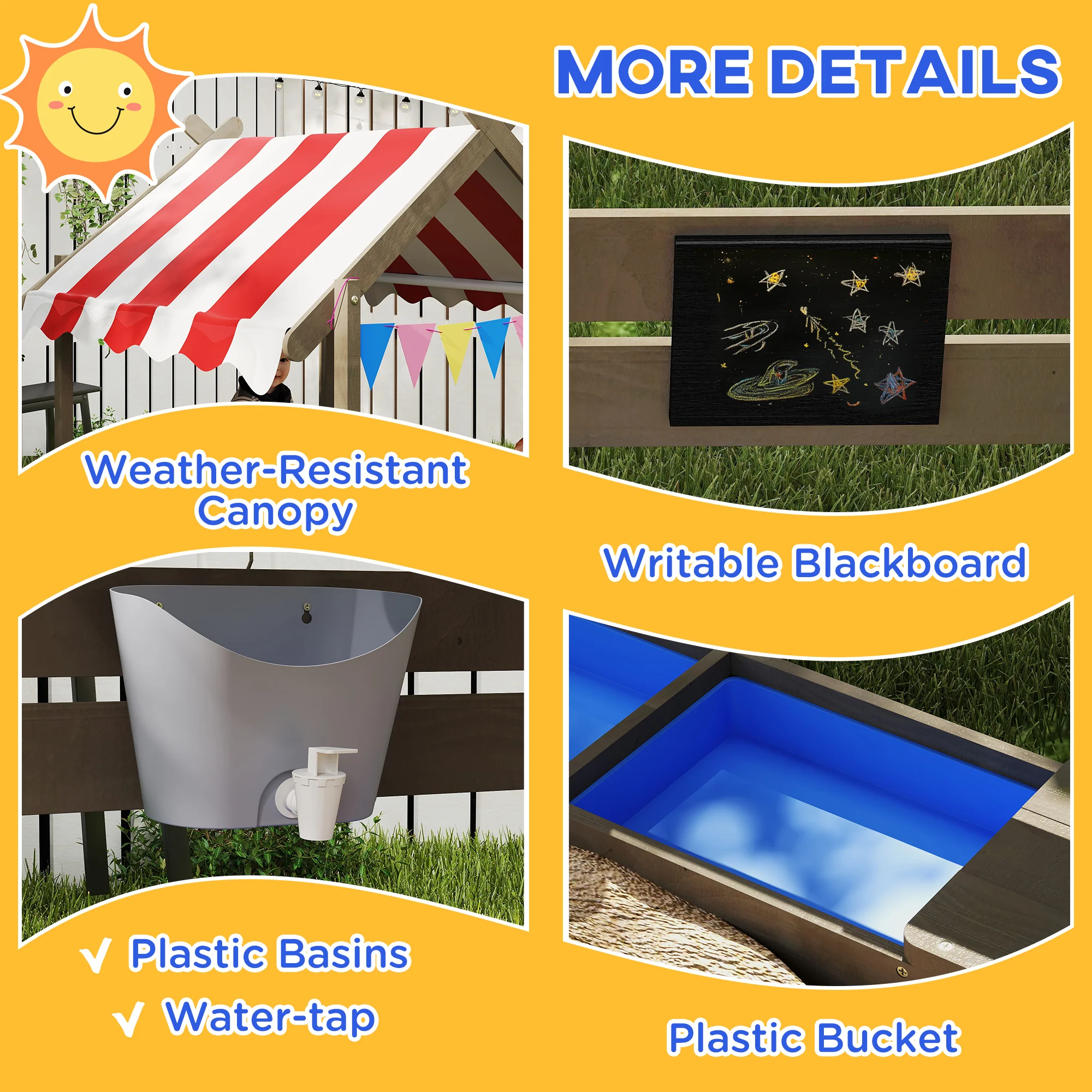Outsunny Sand Pit with Canopy, Blackboard, Toys, Sink, Seats, Flags for Kids - Image 7