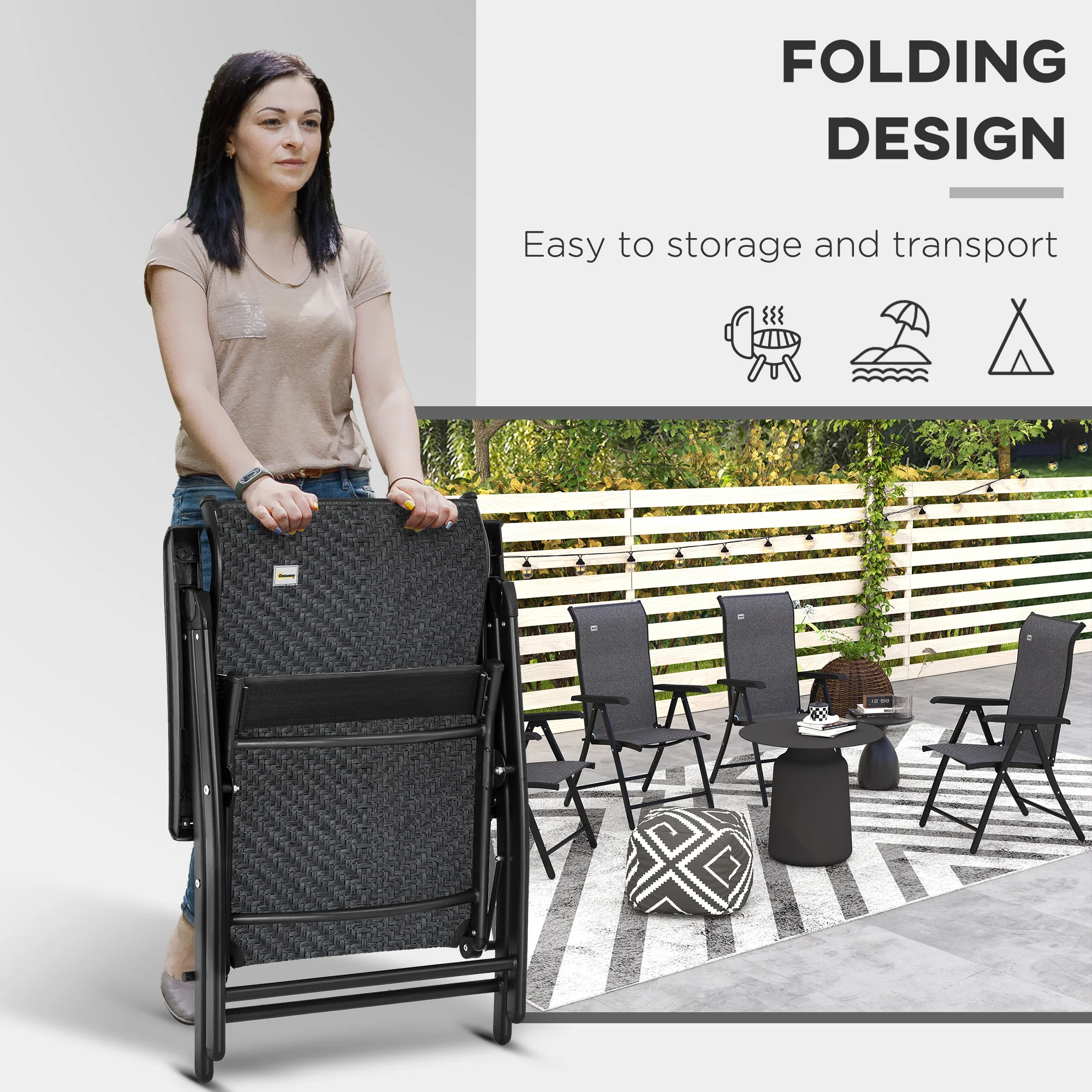 Outsunny Set of 2 Outdoor Rattan Folding Chair Set w/ Adjustable Backrest Grey - Image 3