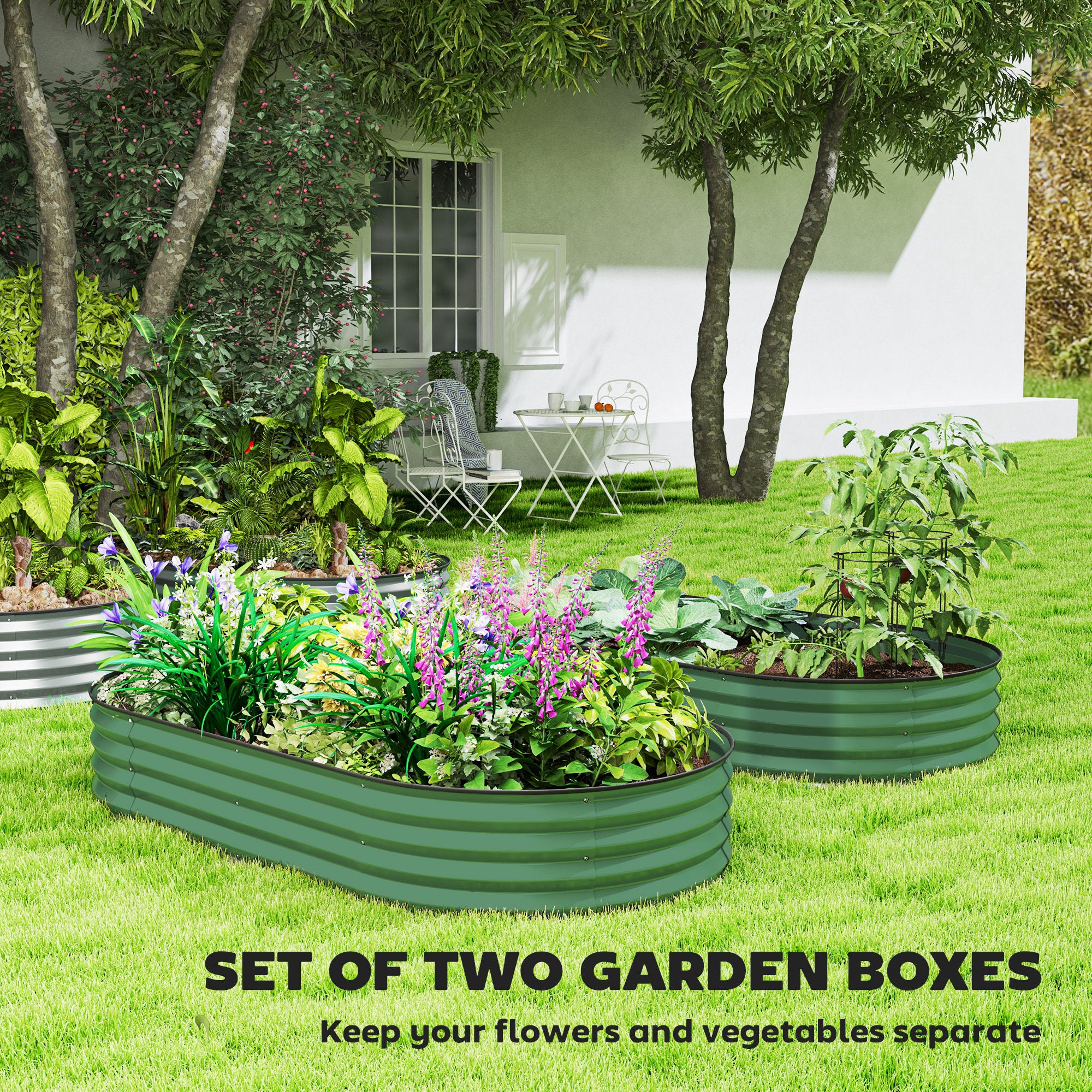 Outsunny Set of 2 Raised Beds for Garden with Metal Plant Stakes, Green - Image 3