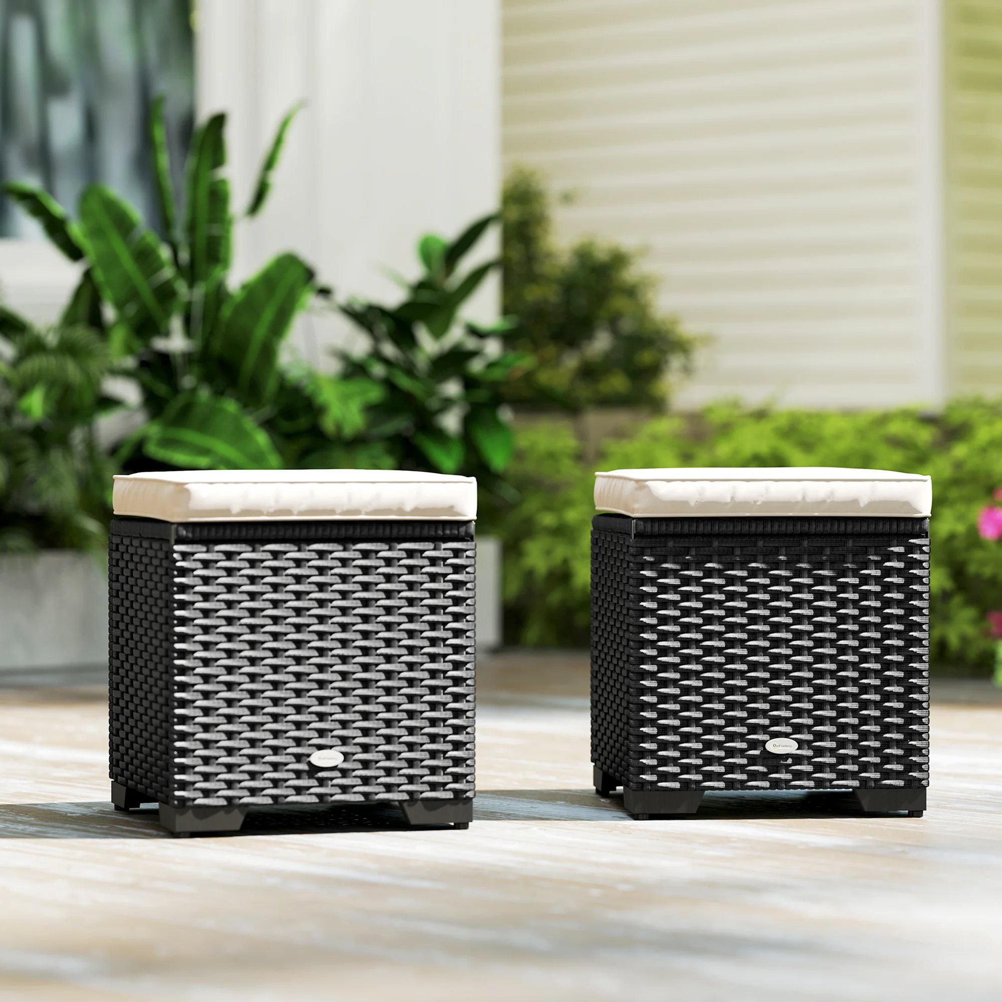 Outsunny Set of 2 Rattan Footstool, Storage Ottoman w/ Cushions - Image 26