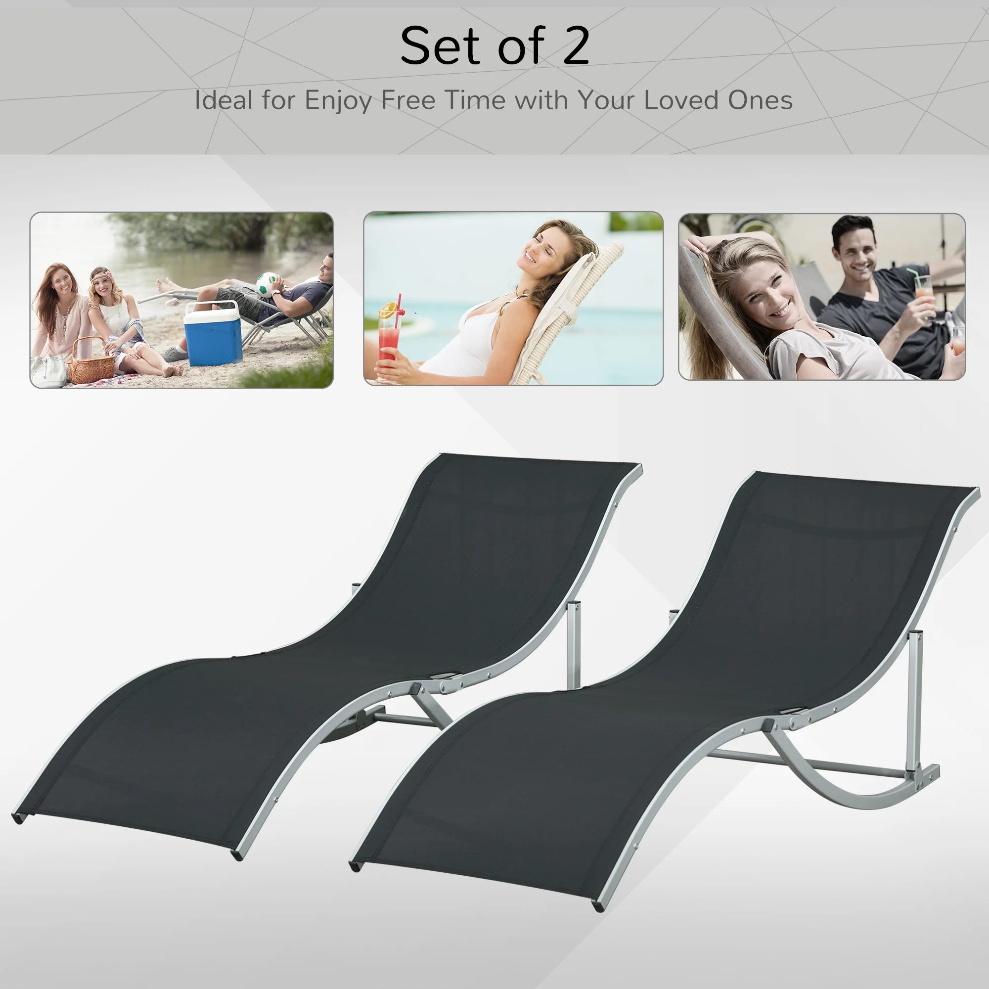 Outsunny Set of 2 Zero Gravity Lounge Chair Recliners Sun Lounger Black - Image 3