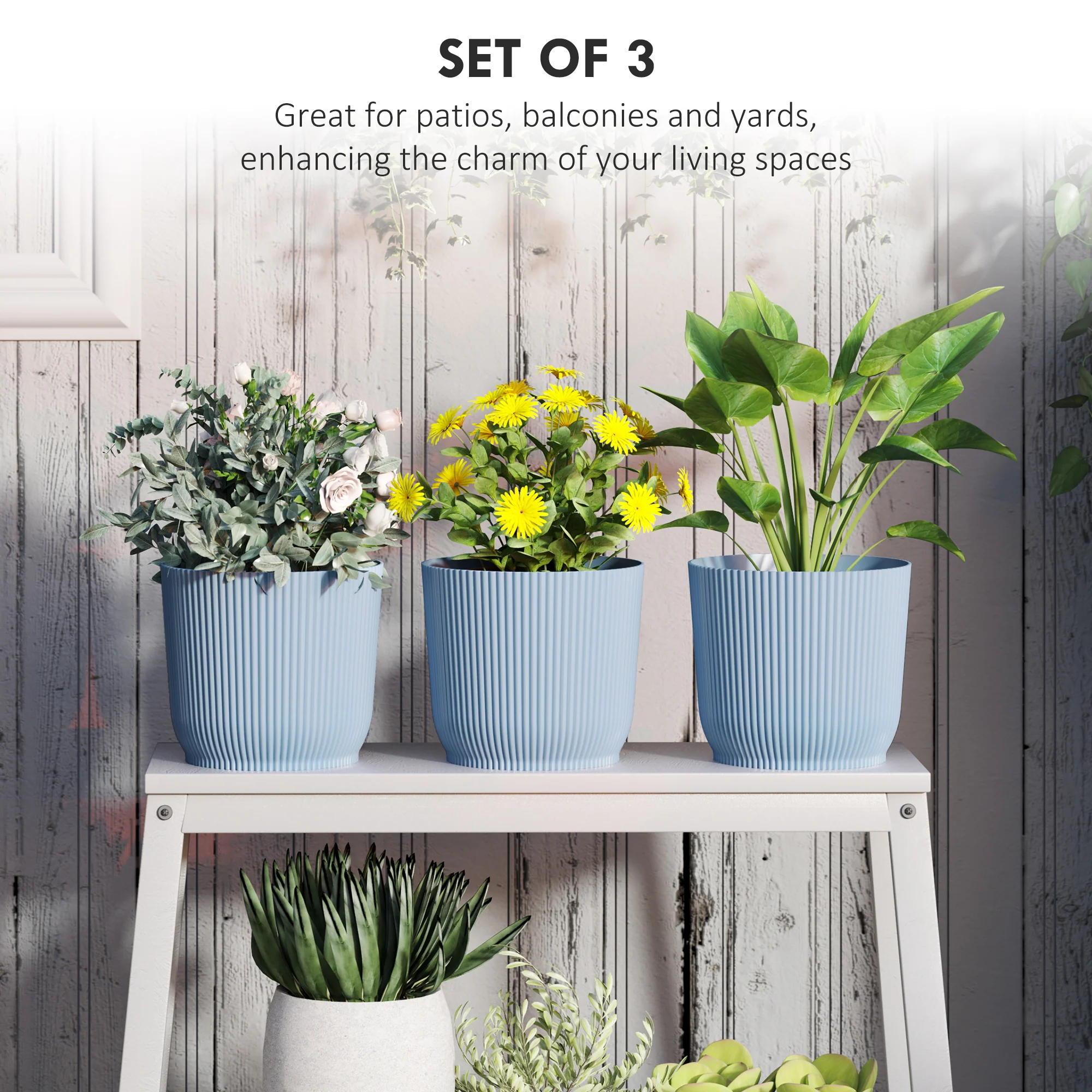 Outsunny Set Of 3 Round Plant Pots Outdoor 22cm For Garden, White - Image 3