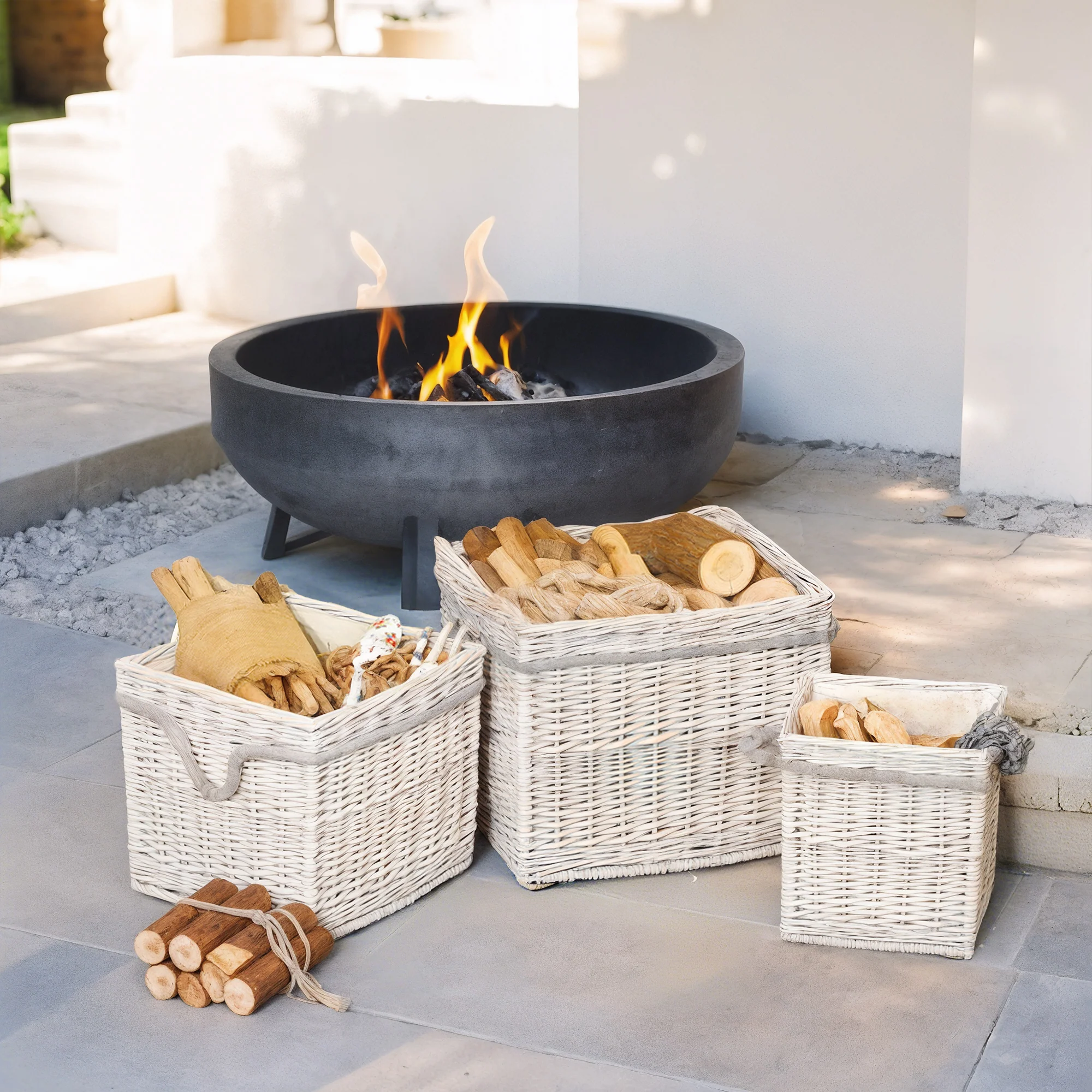 Outsunny Set Of 3 Wicker Log Basket With Liner And Rope Handles, Beige - Image 2