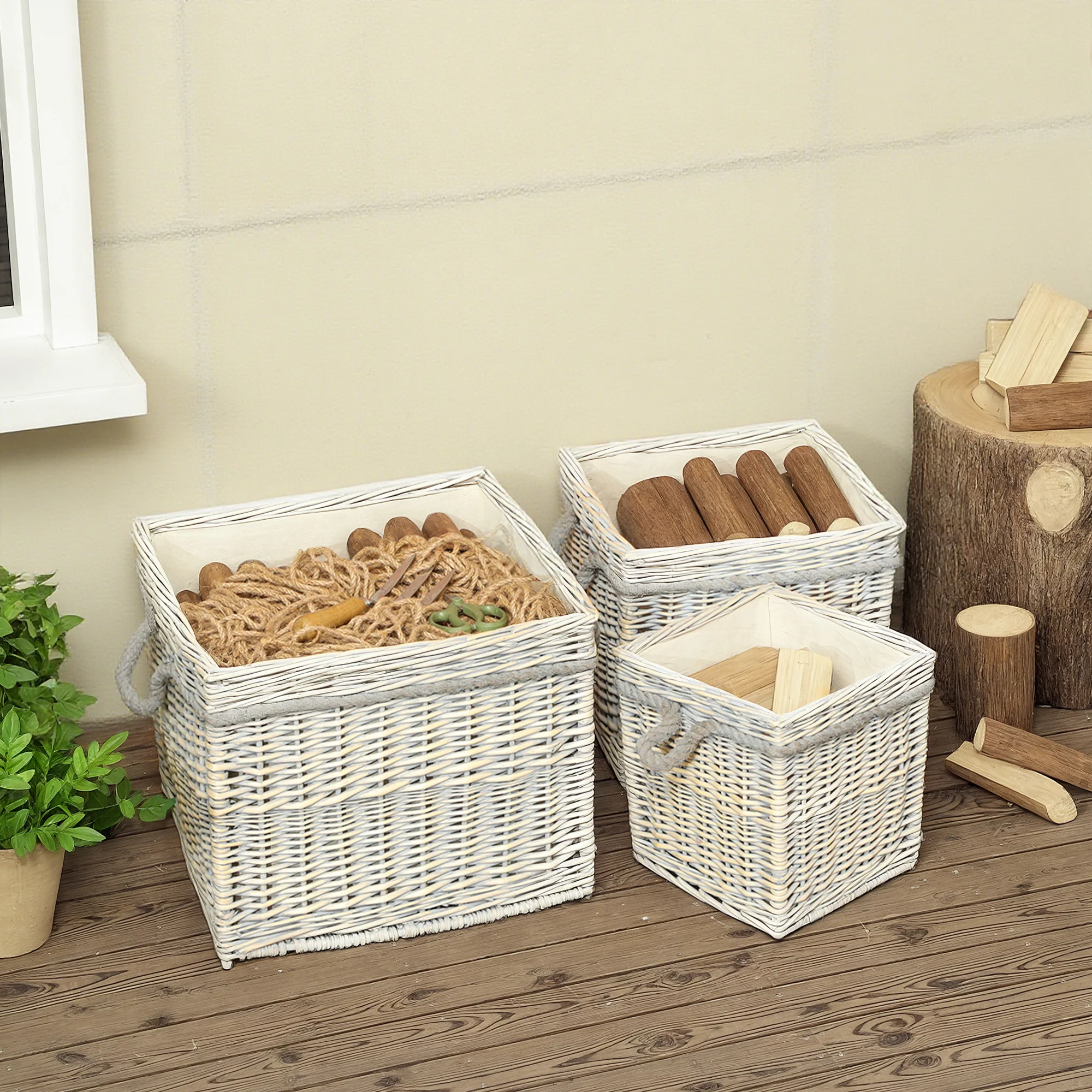 Outsunny Set Of 3 Wicker Log Basket With Liner And Rope Handles, Beige - Image 7