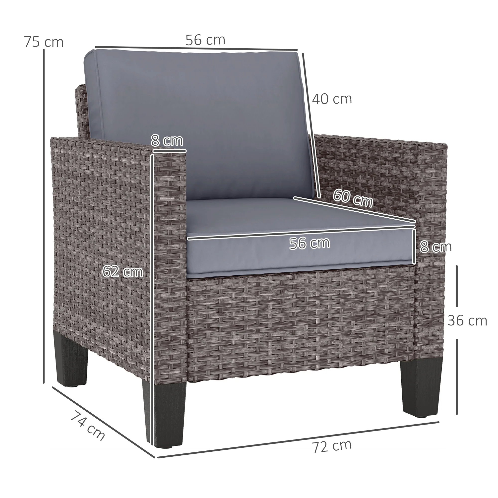 Outsunny Single Rattan Chair, Garden Armchair with Cushions - Image 23