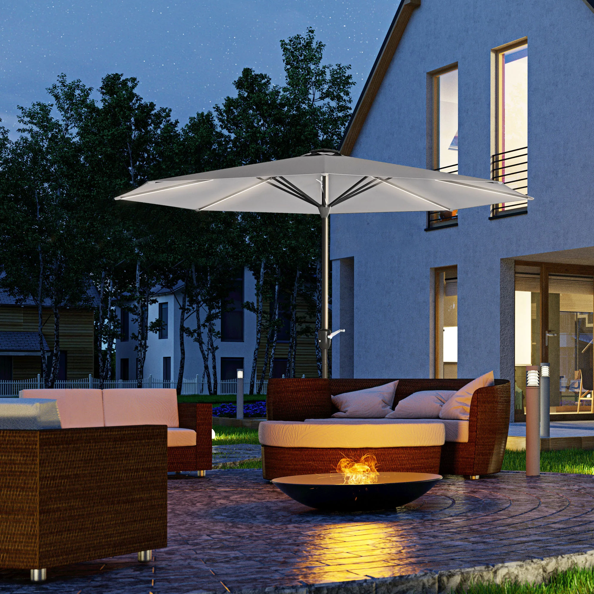 Outsunny Solar Patio Garden Parasol With Lights For Outdoor Grey - Image 2