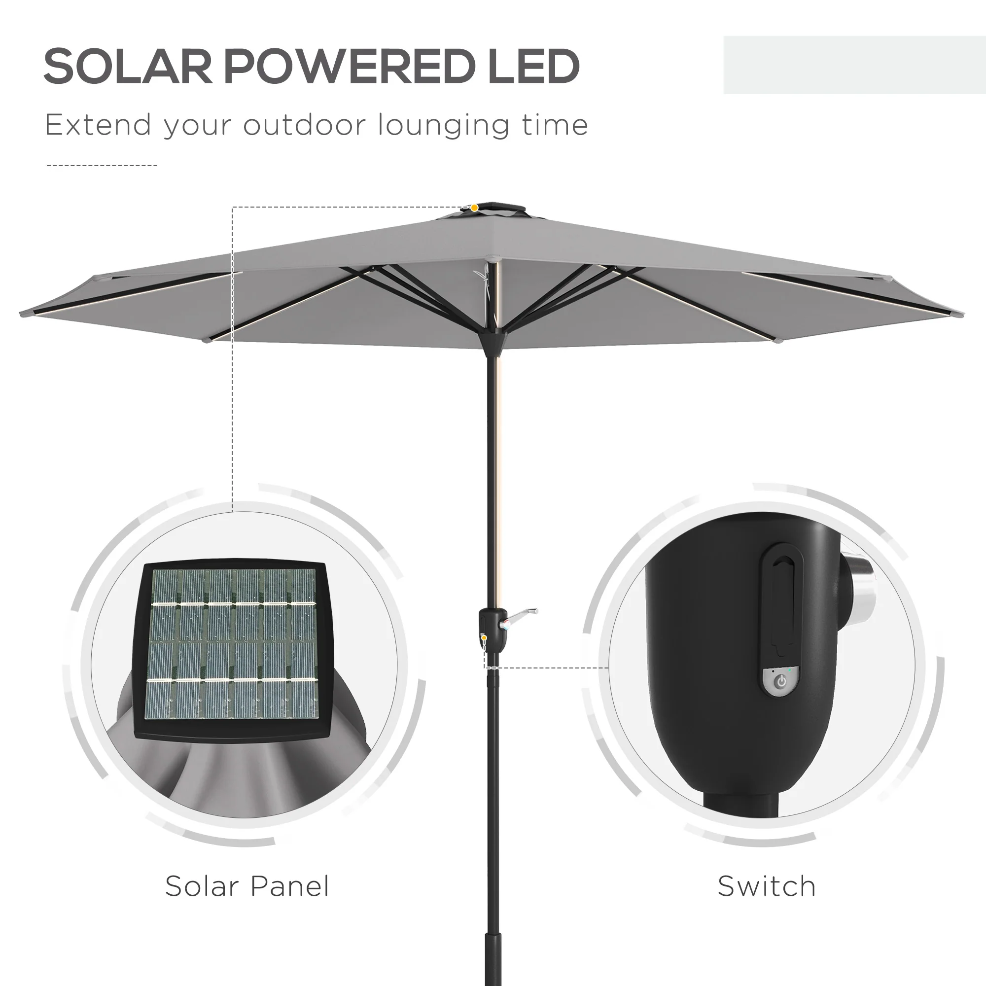 Outsunny Solar Patio Garden Parasol With Lights For Outdoor Grey - Image 3