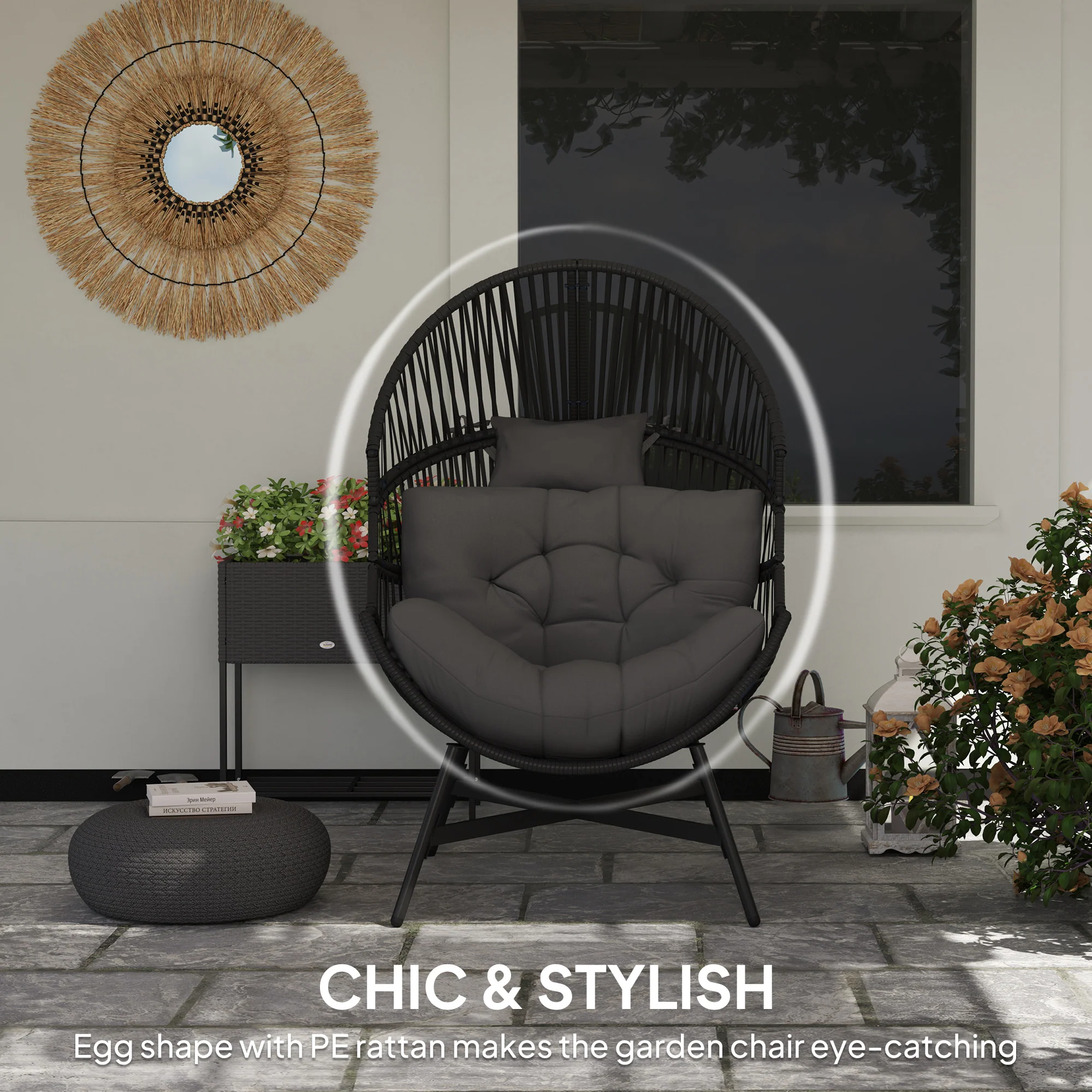 Outsunny Standing Rattan Garden Egg Chair with Headrest, Charcoal Grey - Image 3
