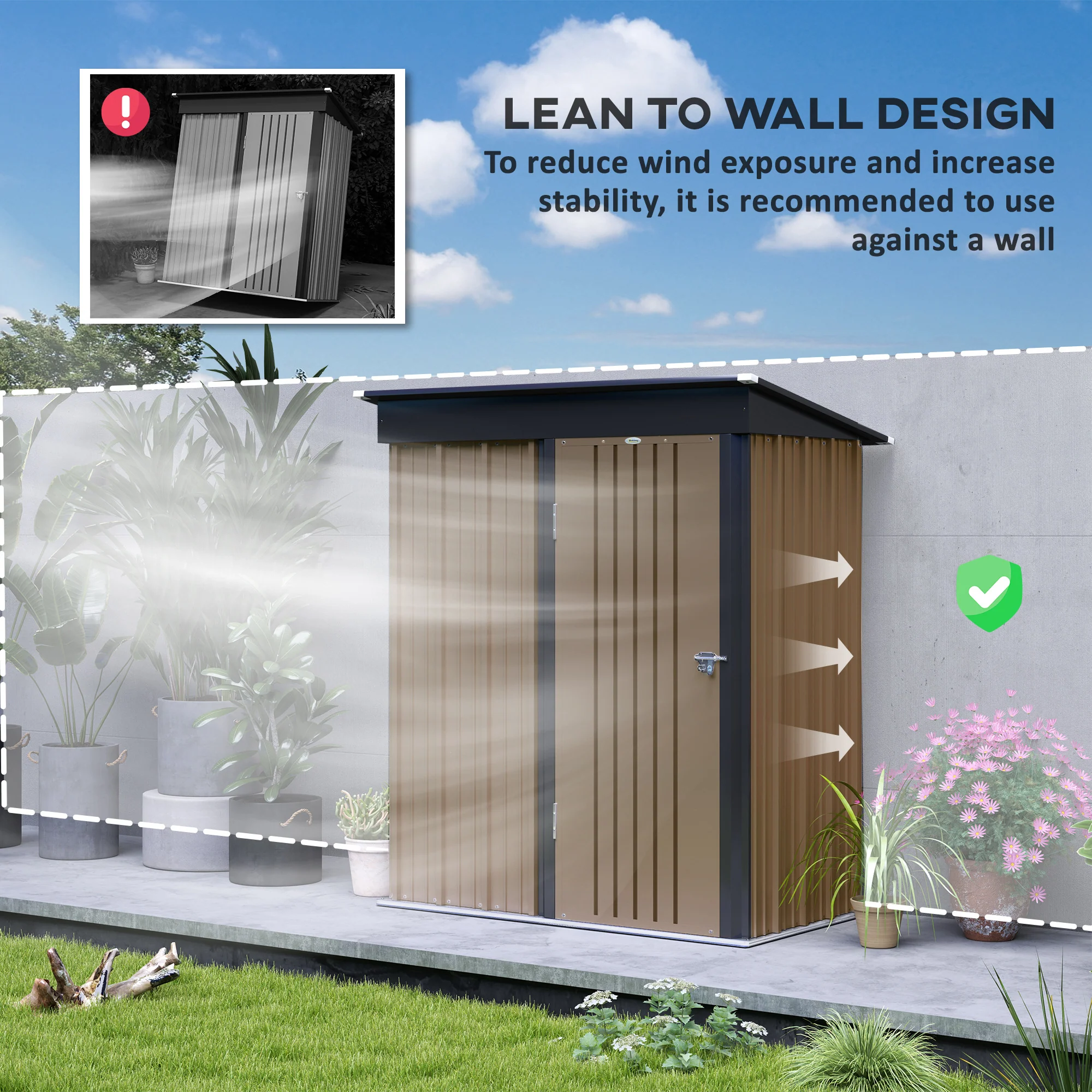 Outsunny Steel Garden Shed, Small Lean-to Shed For Bike, 5x3 Ft Brown - Image 6