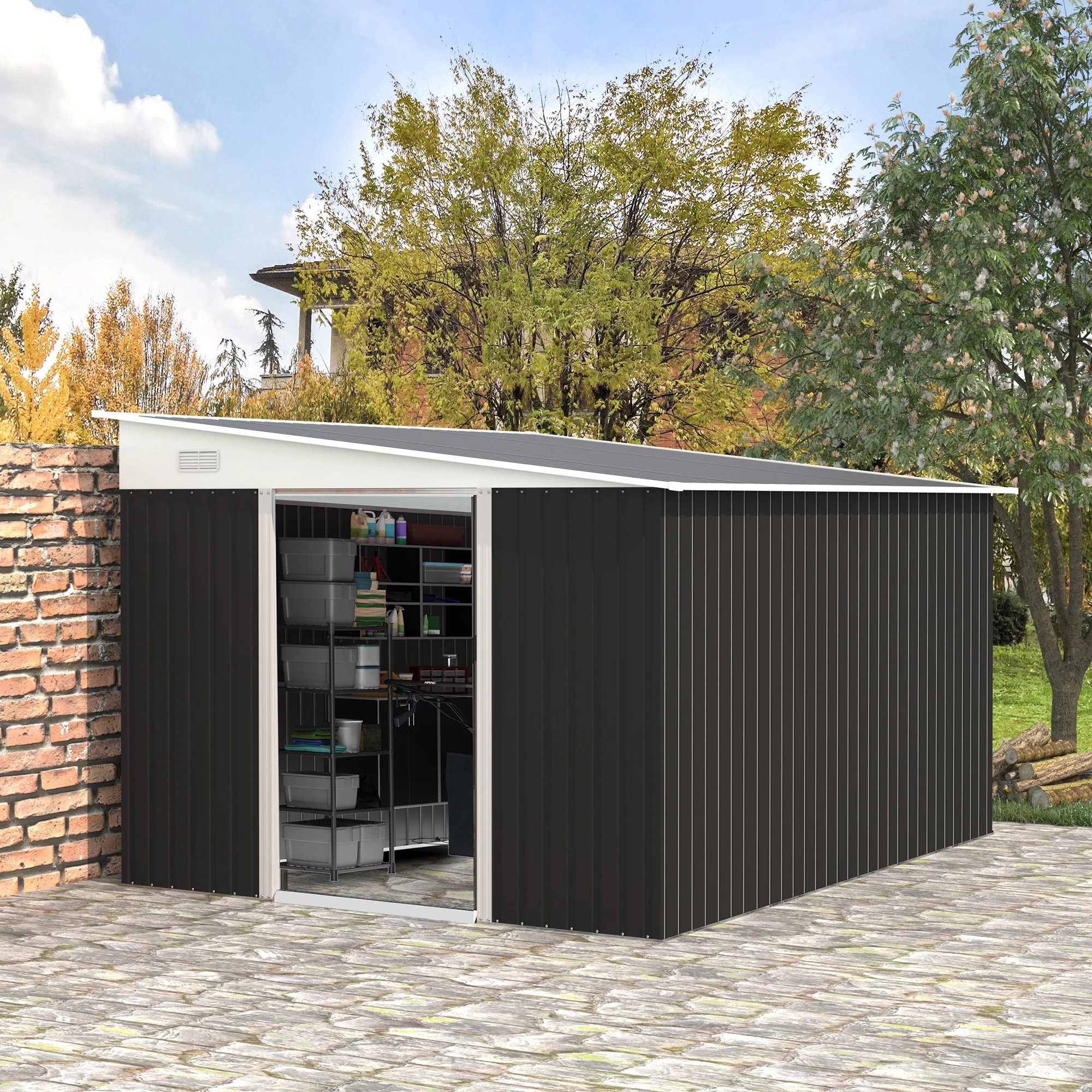 Outsunny Steel Garden Storage Shed w/ Sliding Doors Black - Image 2