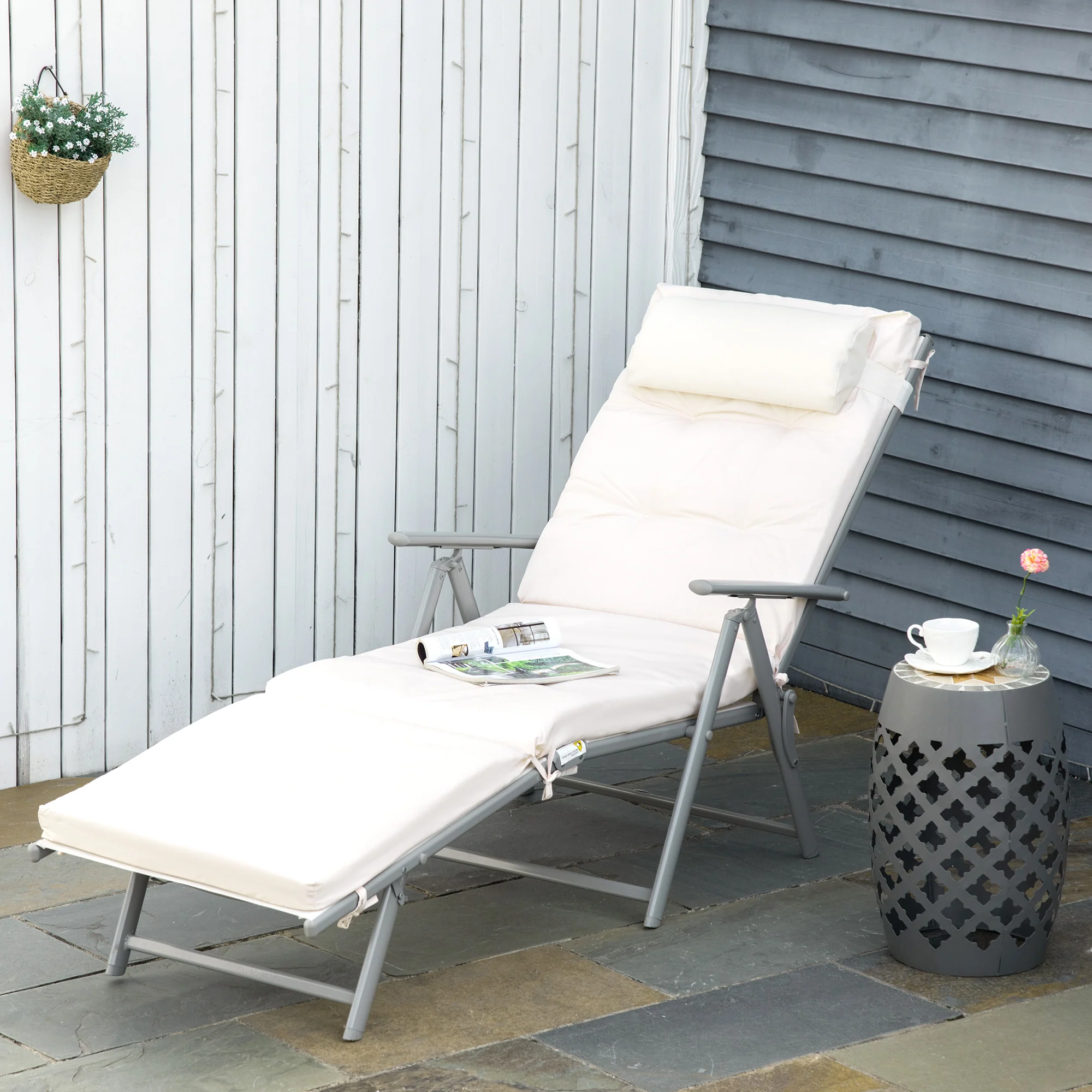 Outsunny Sun Lounger Recliner Foldable Padded Seat Adjustable Texteline White - Image 2