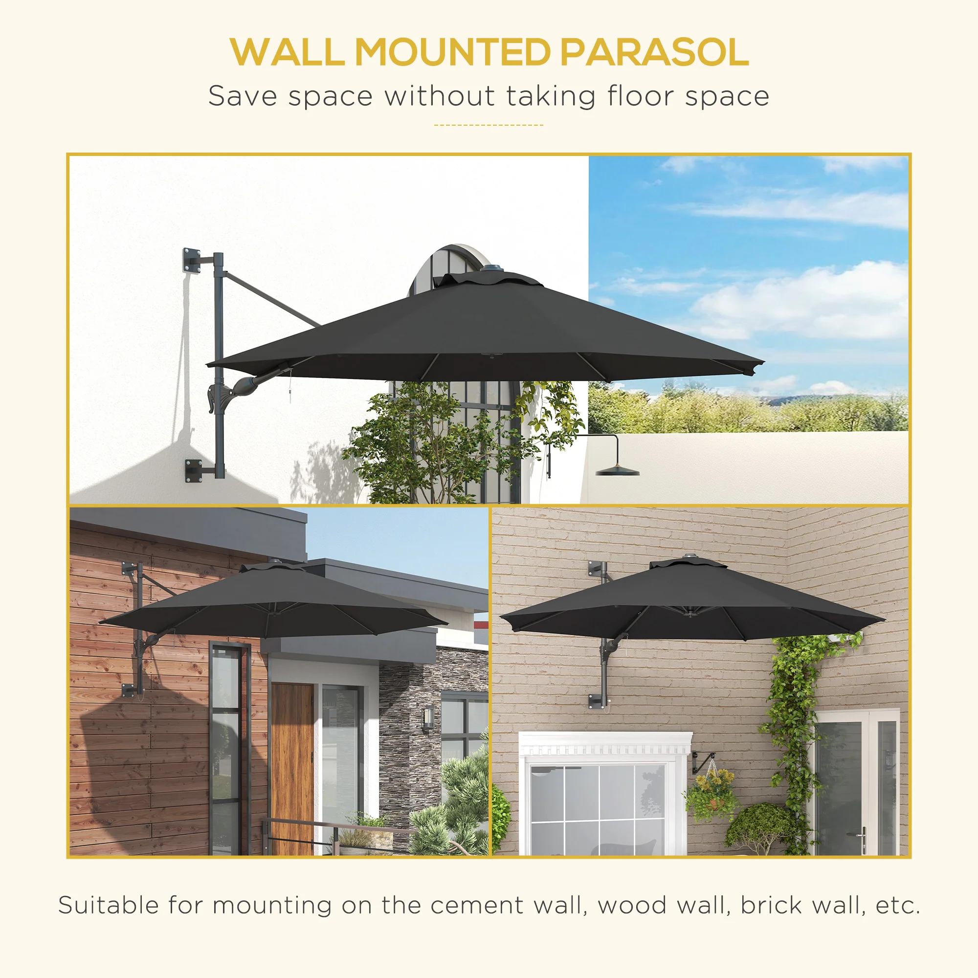 Outsunny Sun Parasol with Vent, Wall Umbrella for Patio, Garden, Pool, Grey - Image 8