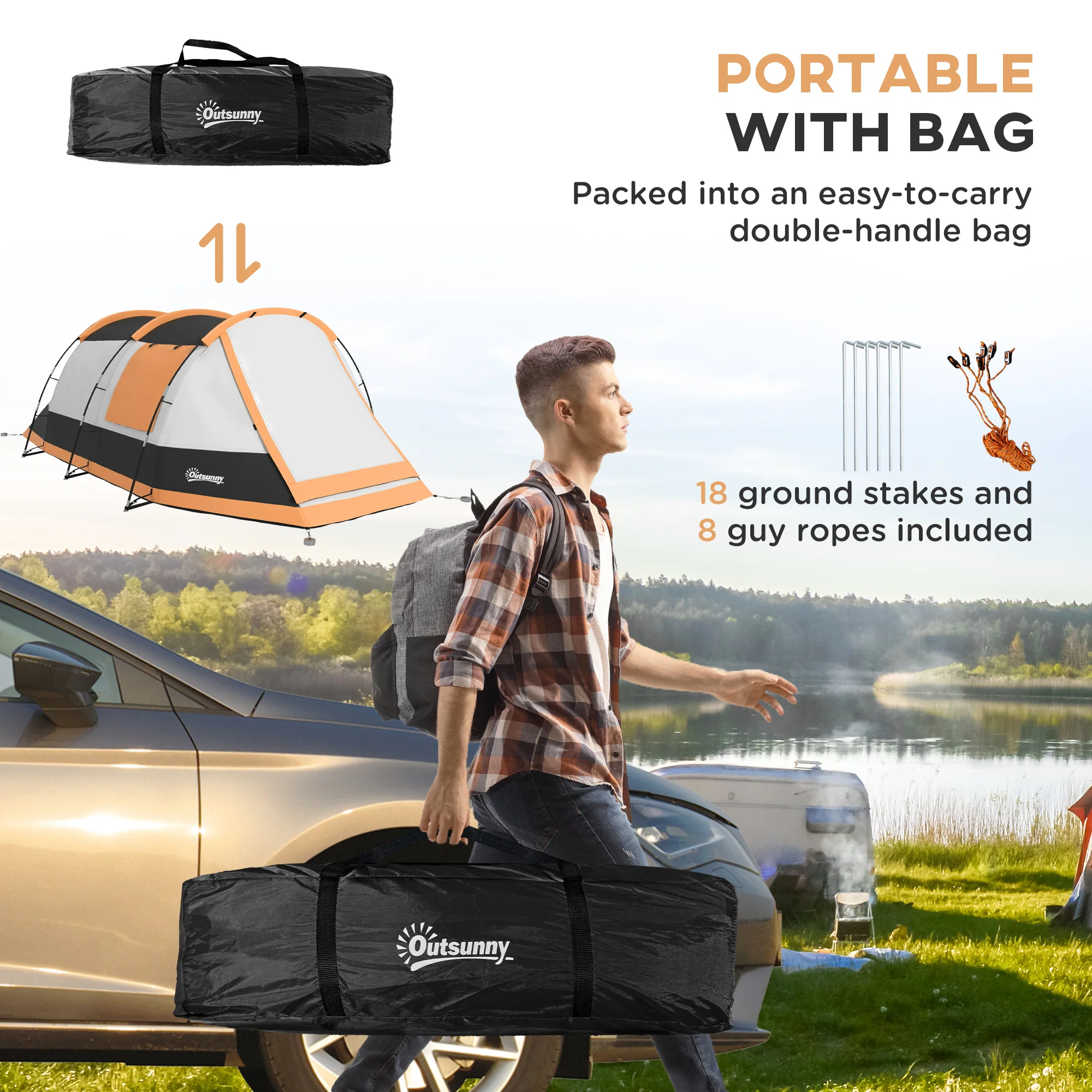 Outsunny Tunnel Tent with Bedroom, Living Room and Porch for 3-4 Man, Orange - Image 7