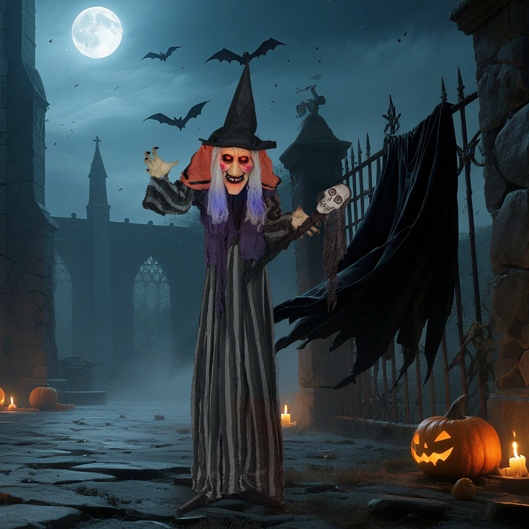 Outsunny Voice Activated Halloween Animatronics Standing Witch & Skull Staff - Image 9