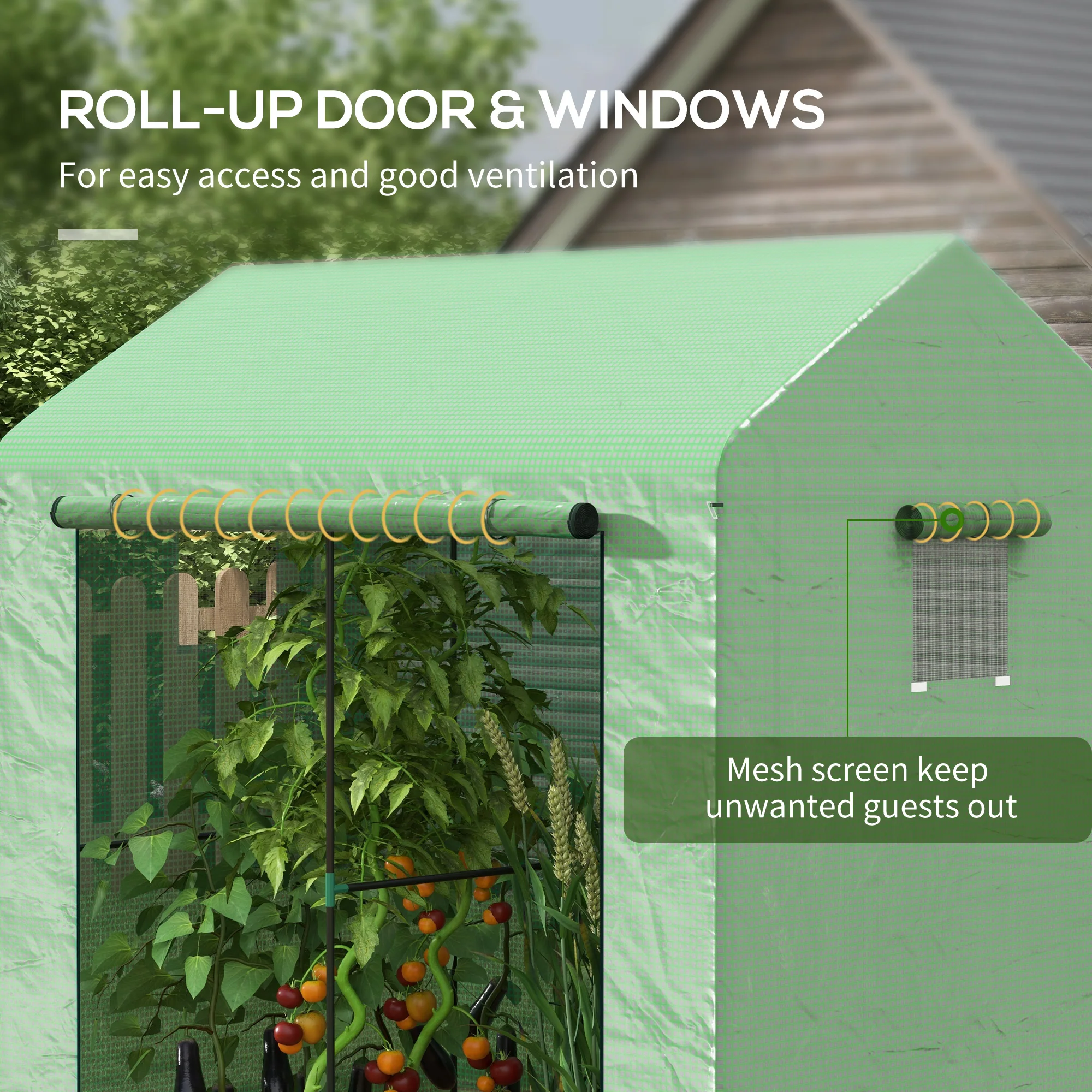 Outsunny Walk-in Green House with Roll-up Door and Mesh Windows, 200x140x200cm - Image 6