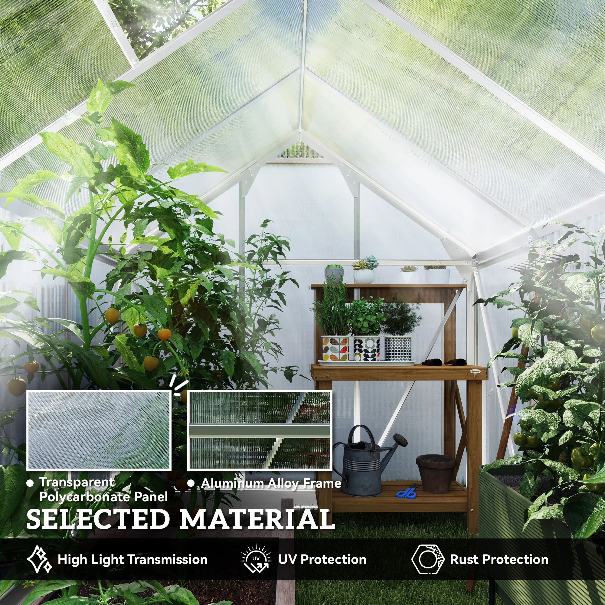 Outsunny Walk-In Polycarbonate Greenhouse Plant Grow Galvanied Aluminium - Image 22