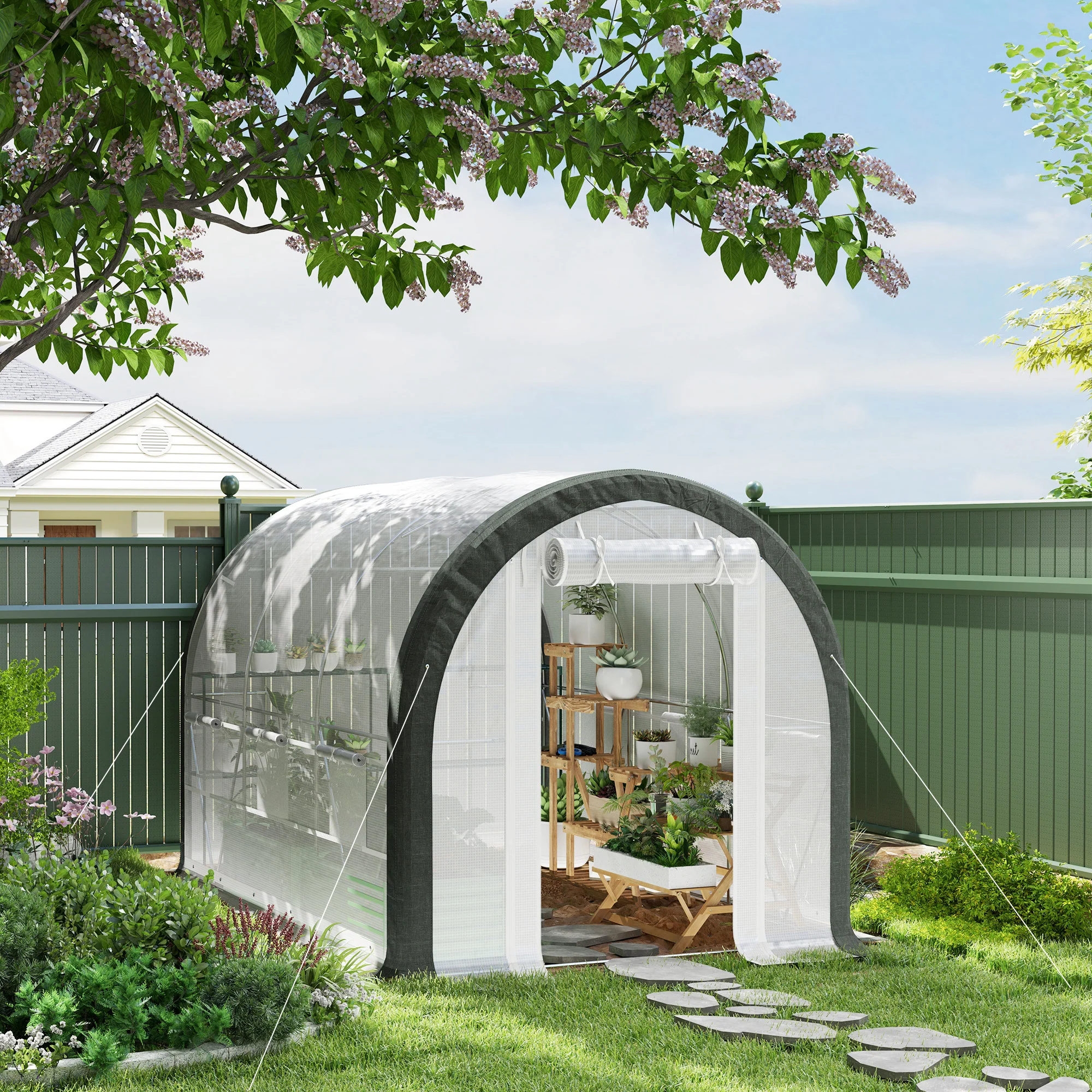 Outsunny Walk-in Tunnel Greenhouse, Upgraded Structure, Mesh Door & Windows - Image 11