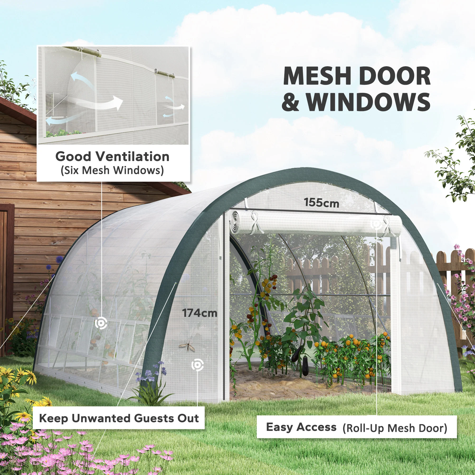 Outsunny Walk-in Tunnel Greenhouse, Upgraded Structure, Mesh Door & Windows - Image 4