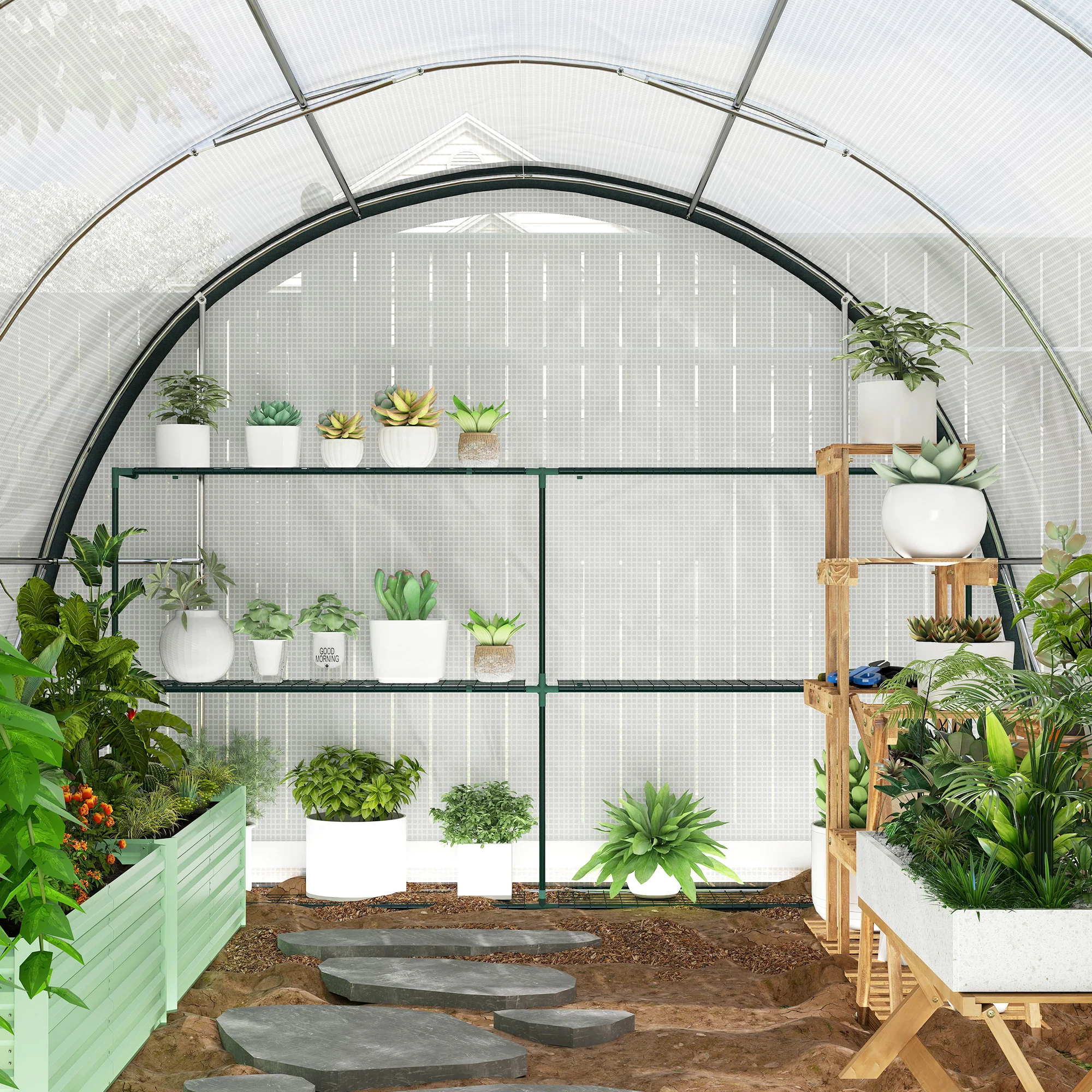 Outsunny Walk-in Tunnel Greenhouse, Upgraded Structure, Mesh Door & Windows - Image 9