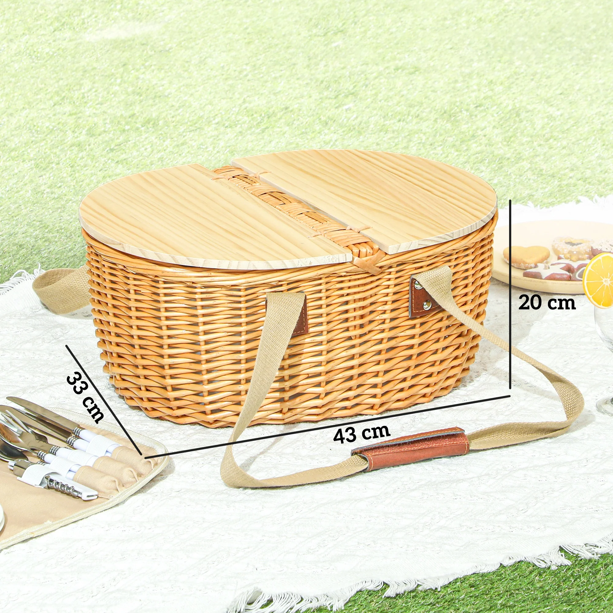 Outsunny Wicker Picnic Basket for 2 with Pine Wood Lid, Light Brown - Image 5