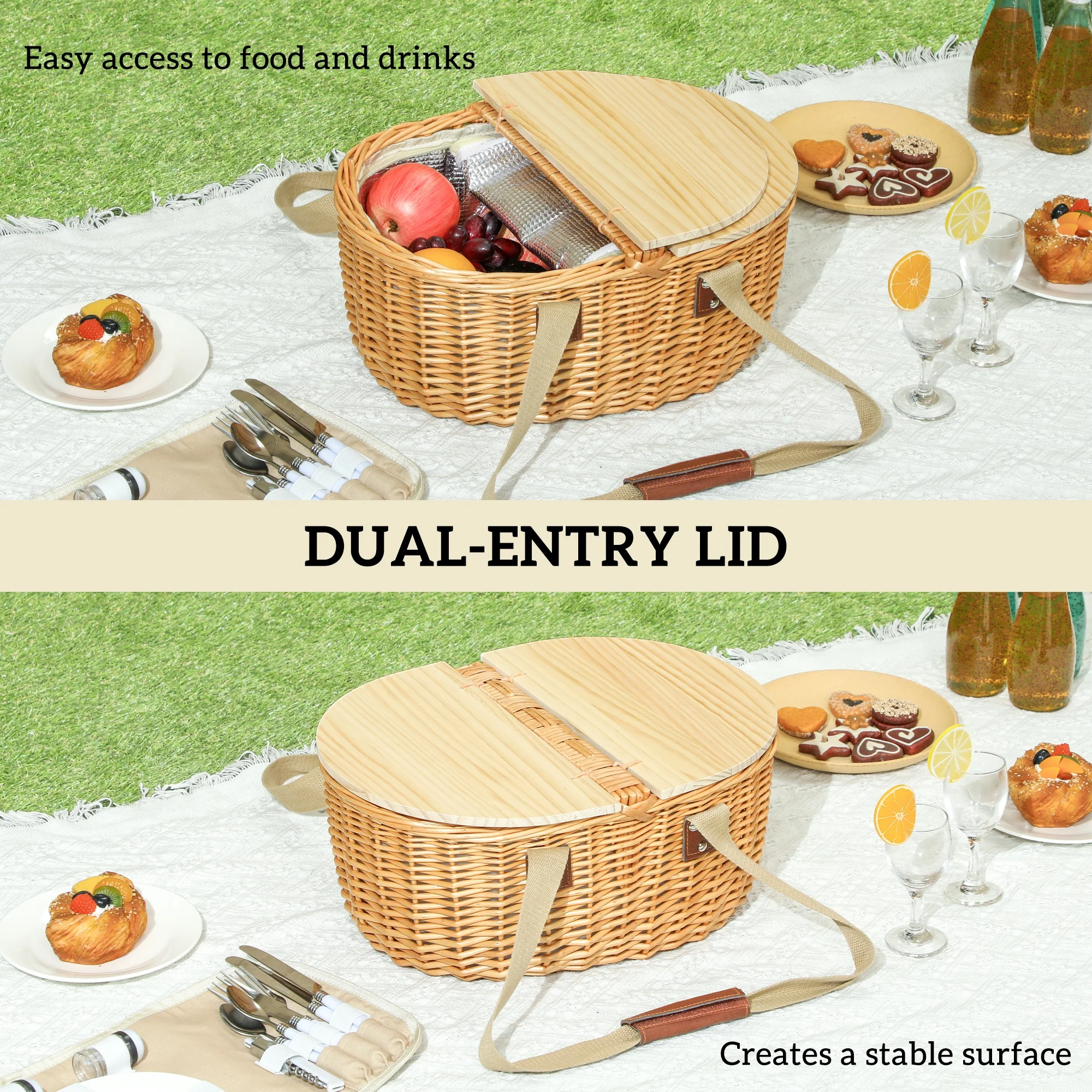 Outsunny Wicker Picnic Basket for 2 with Pine Wood Lid, Light Brown - Image 6