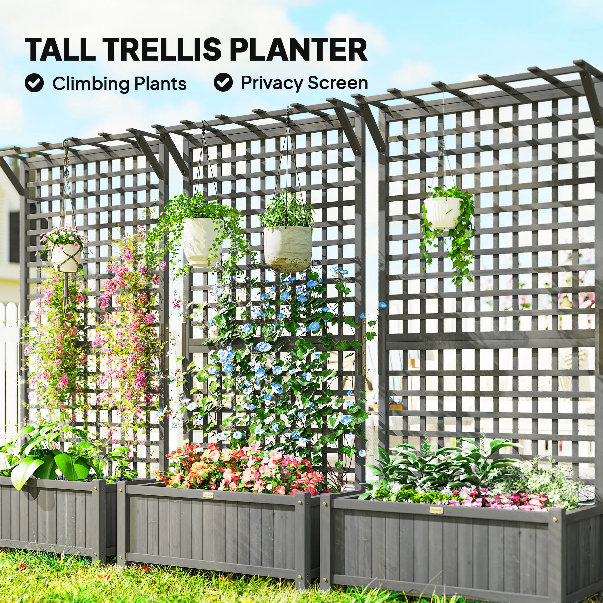 Outsunny Wood Planter with Trellis for Climbing Plants Planter Box Dark Grey - Image 3