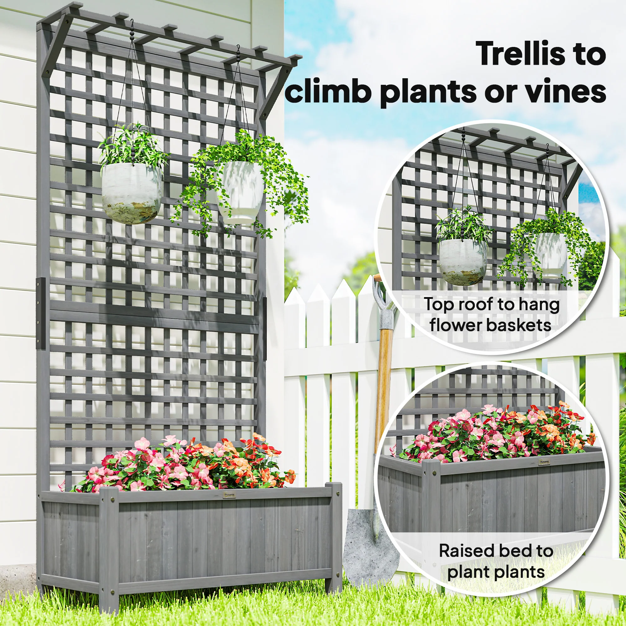 Outsunny Wood Planter with Trellis for Climbing Plants Planter Box Dark Grey - Image 4