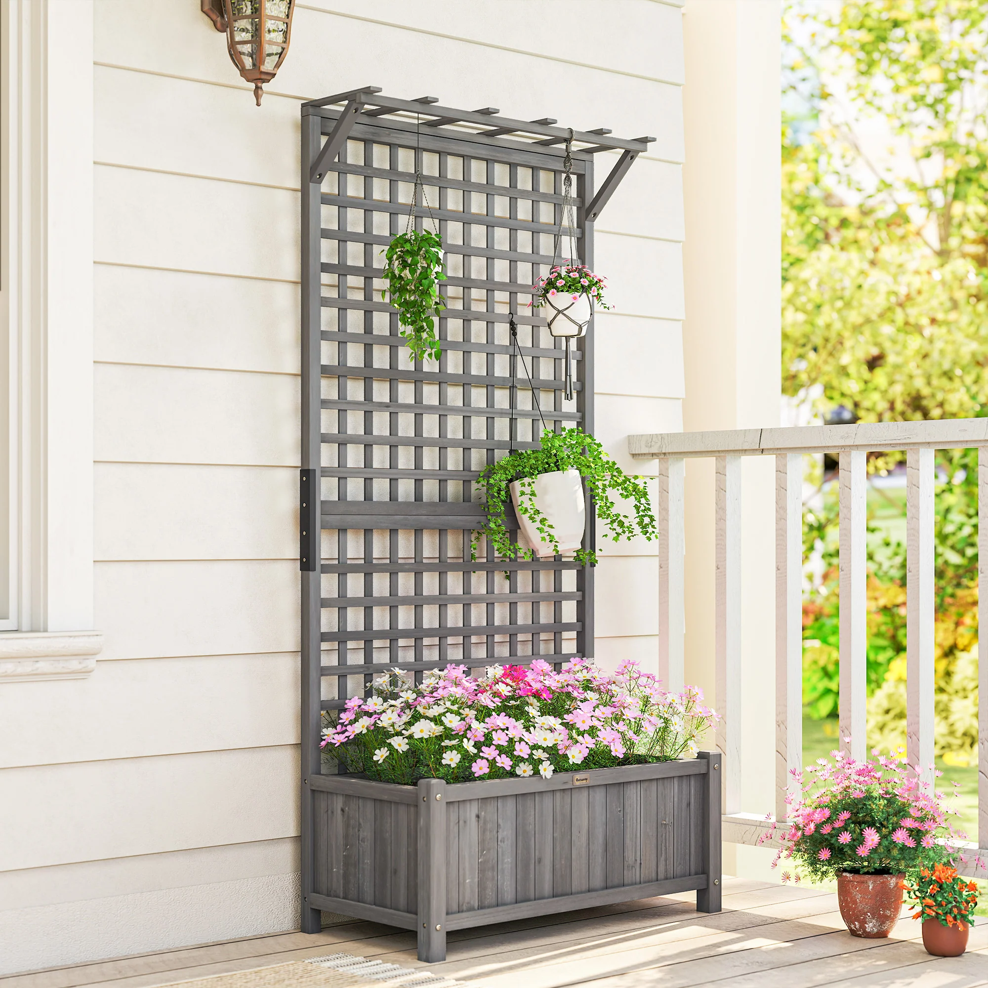 Outsunny Wood Planter with Trellis for Climbing Plants Planter Box Dark Grey - Image 8