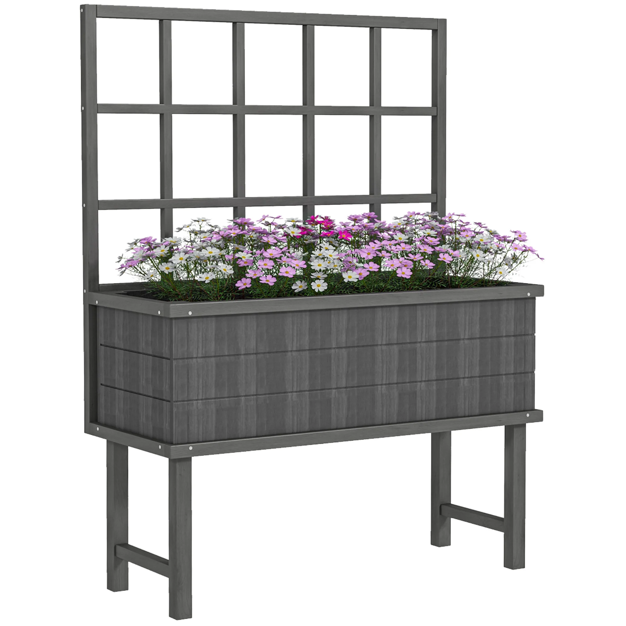 Outsunny Wood Raised Planter W/ Trellis Drain Holes Elevated Garden Bed - Natural Wood Finish/Grey - Image 10