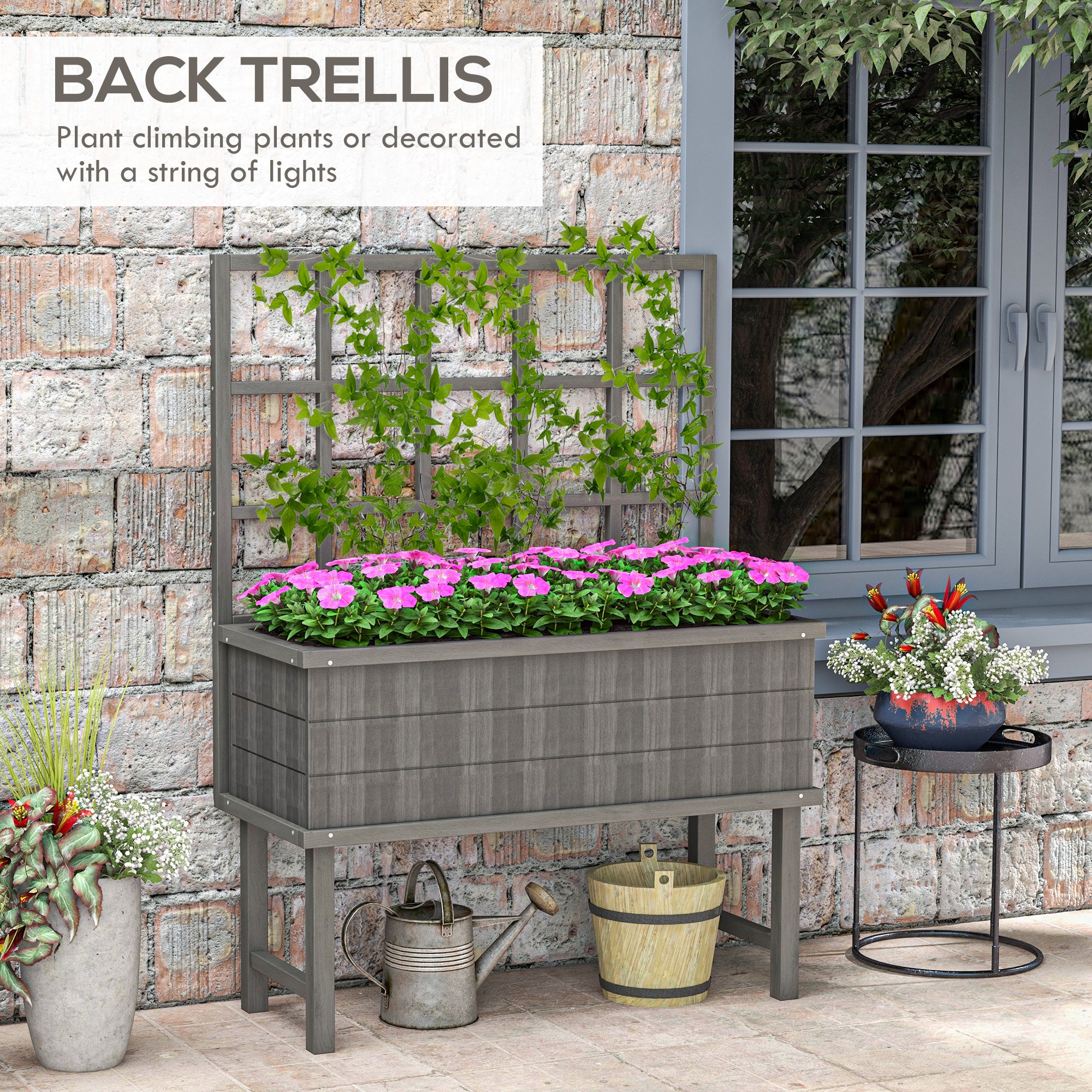 Outsunny Wood Raised Planter W/ Trellis Drain Holes Elevated Garden Bed - Natural Wood Finish/Grey - Image 12