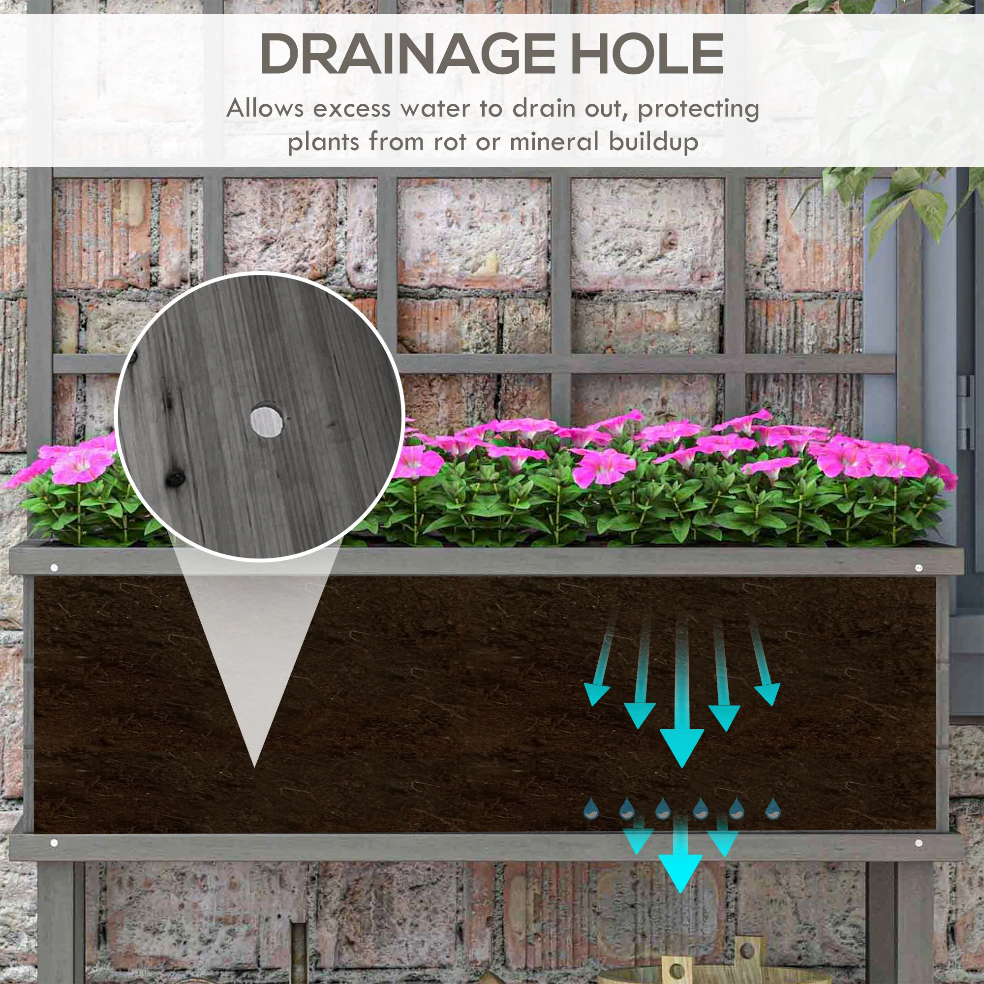 Outsunny Wood Raised Planter W/ Trellis Drain Holes Elevated Garden Bed - Natural Wood Finish/Grey - Image 13