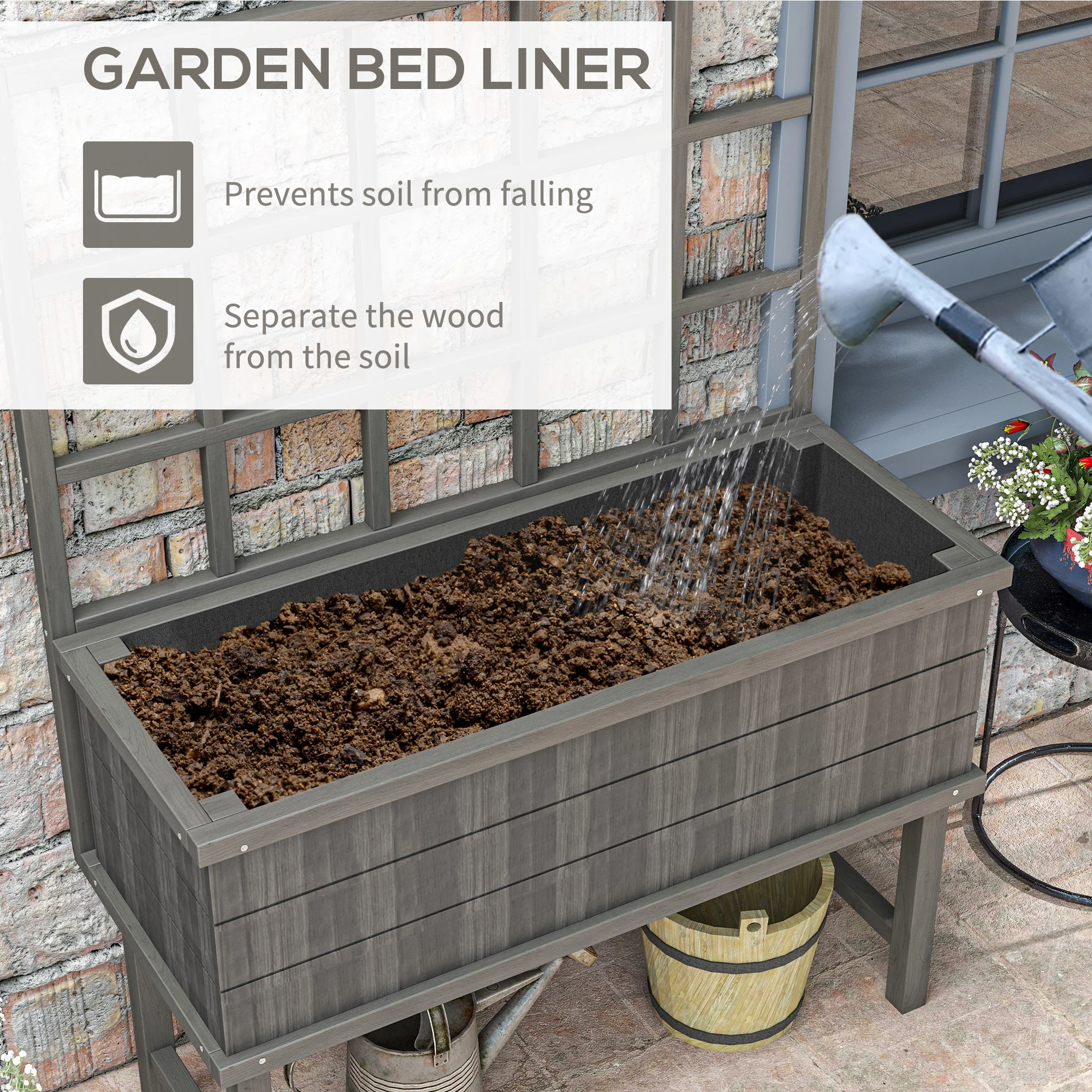 Outsunny Wood Raised Planter W/ Trellis Drain Holes Elevated Garden Bed - Natural Wood Finish/Grey - Image 15
