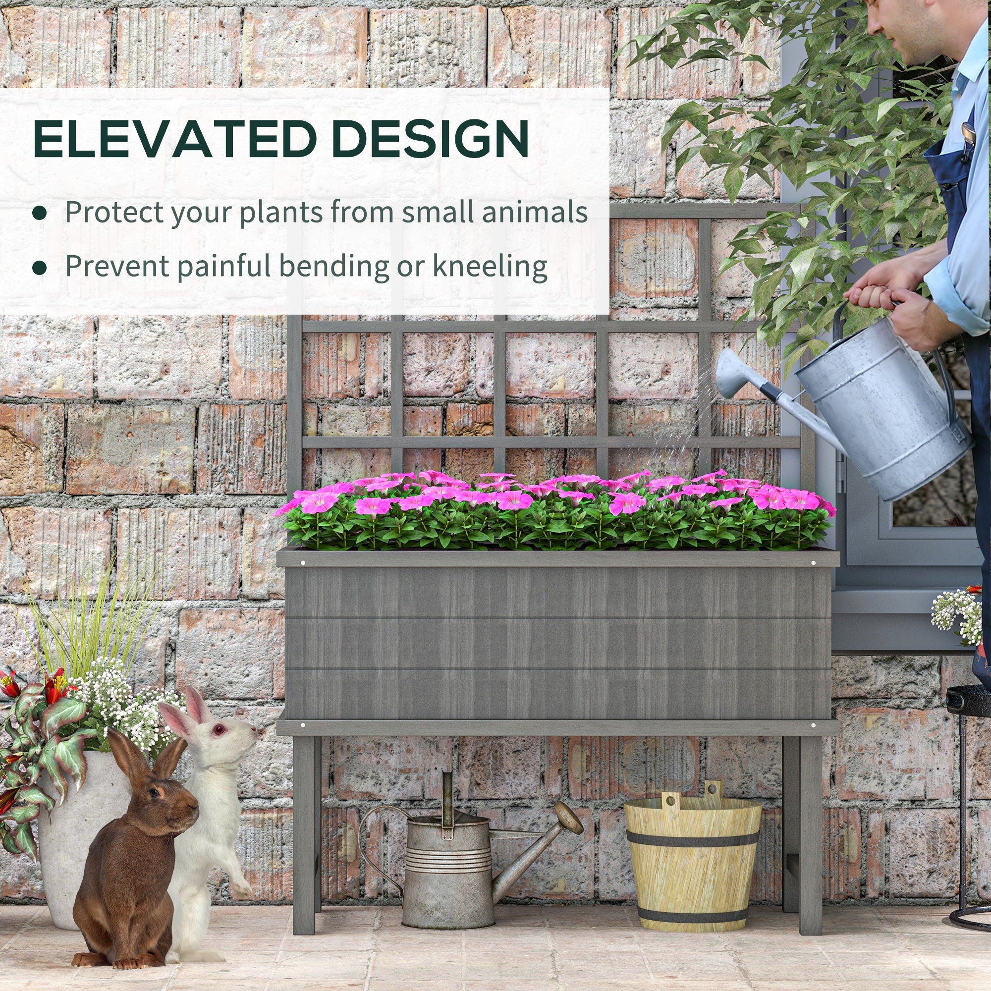 Outsunny Wood Raised Planter W/ Trellis Drain Holes Elevated Garden Bed - Natural Wood Finish/Grey - Image 16