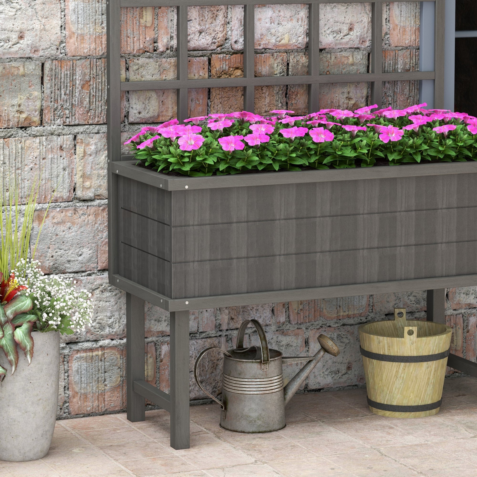 Outsunny Wood Raised Planter W/ Trellis Drain Holes Elevated Garden Bed - Natural Wood Finish/Grey - Image 18