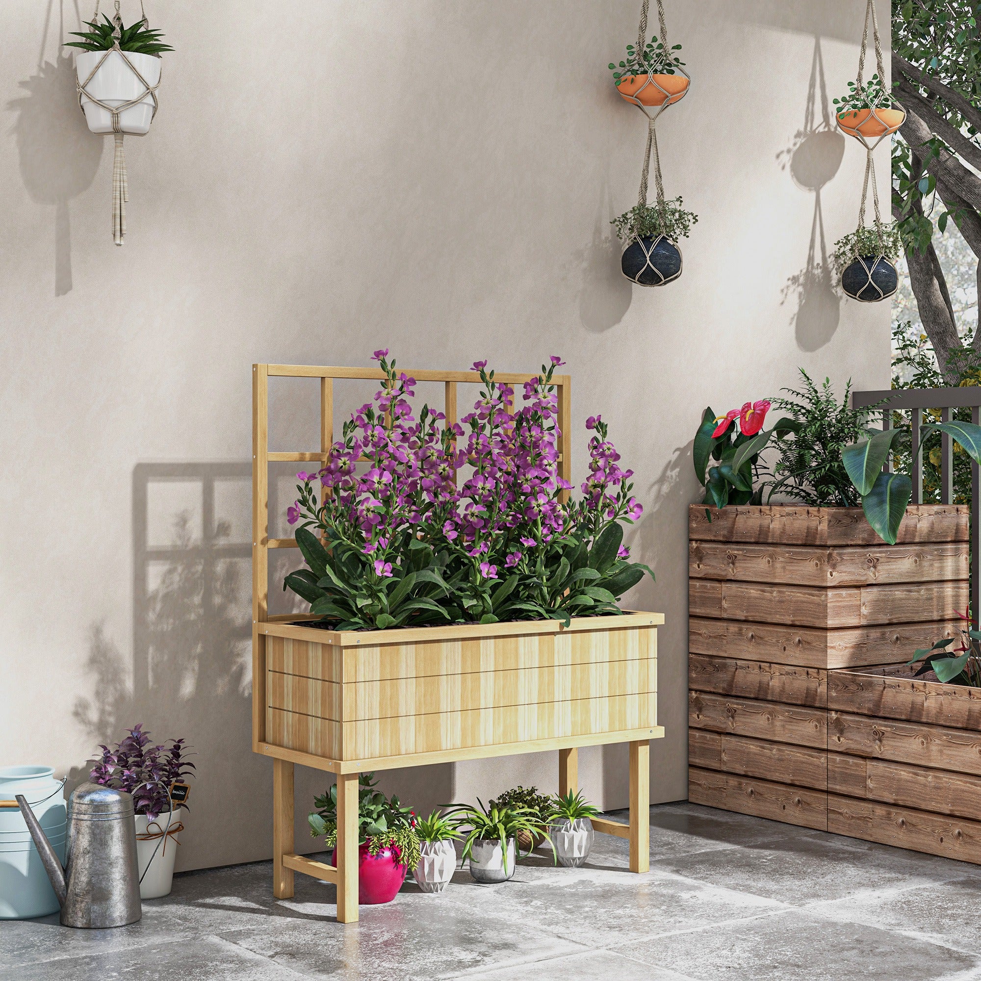 Outsunny Wood Raised Planter W/ Trellis Drain Holes Elevated Garden Bed - Natural Wood Finish/Grey - Image 2