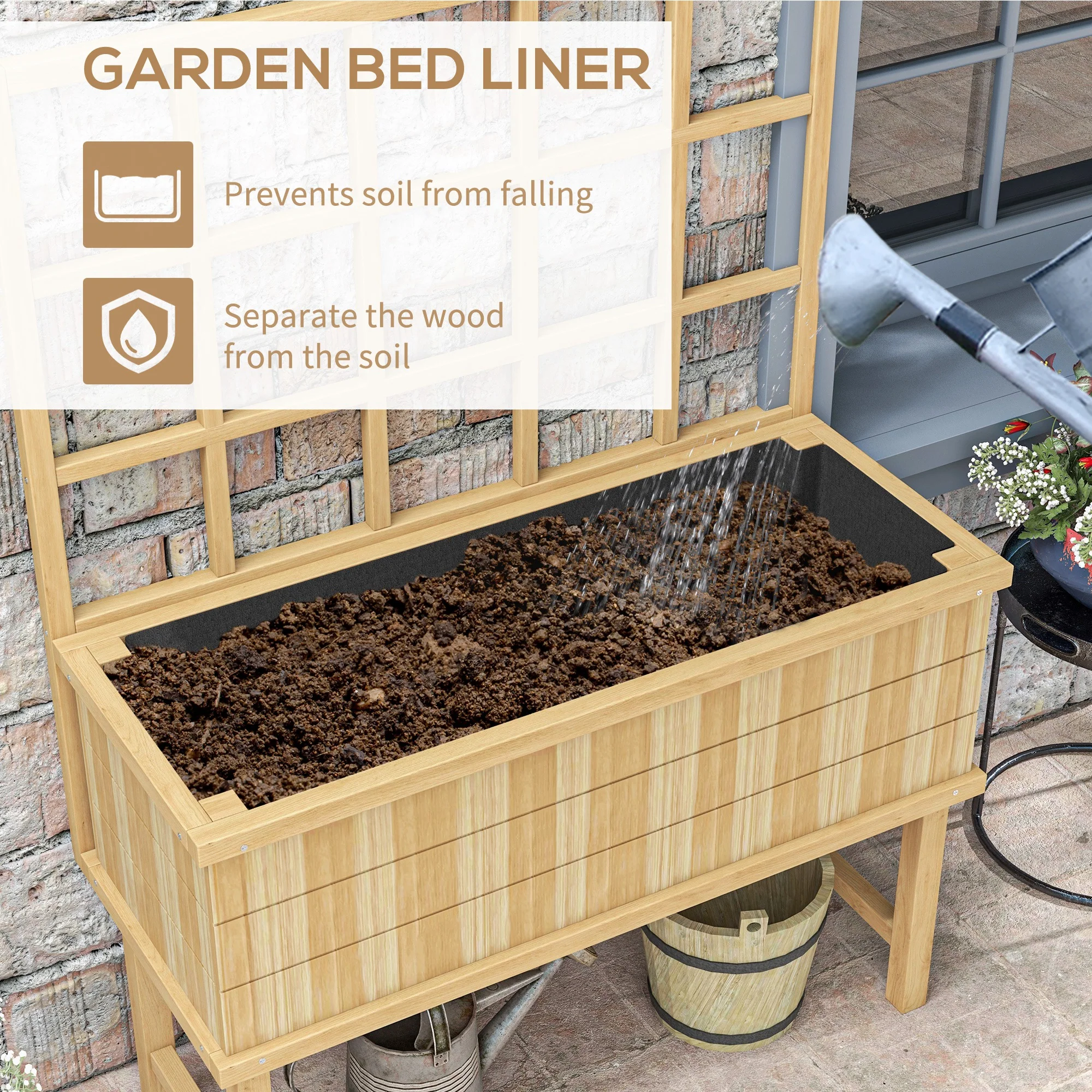 Outsunny Wood Raised Planter W/ Trellis Drain Holes Elevated Garden Bed - Natural Wood Finish/Grey - Image 6
