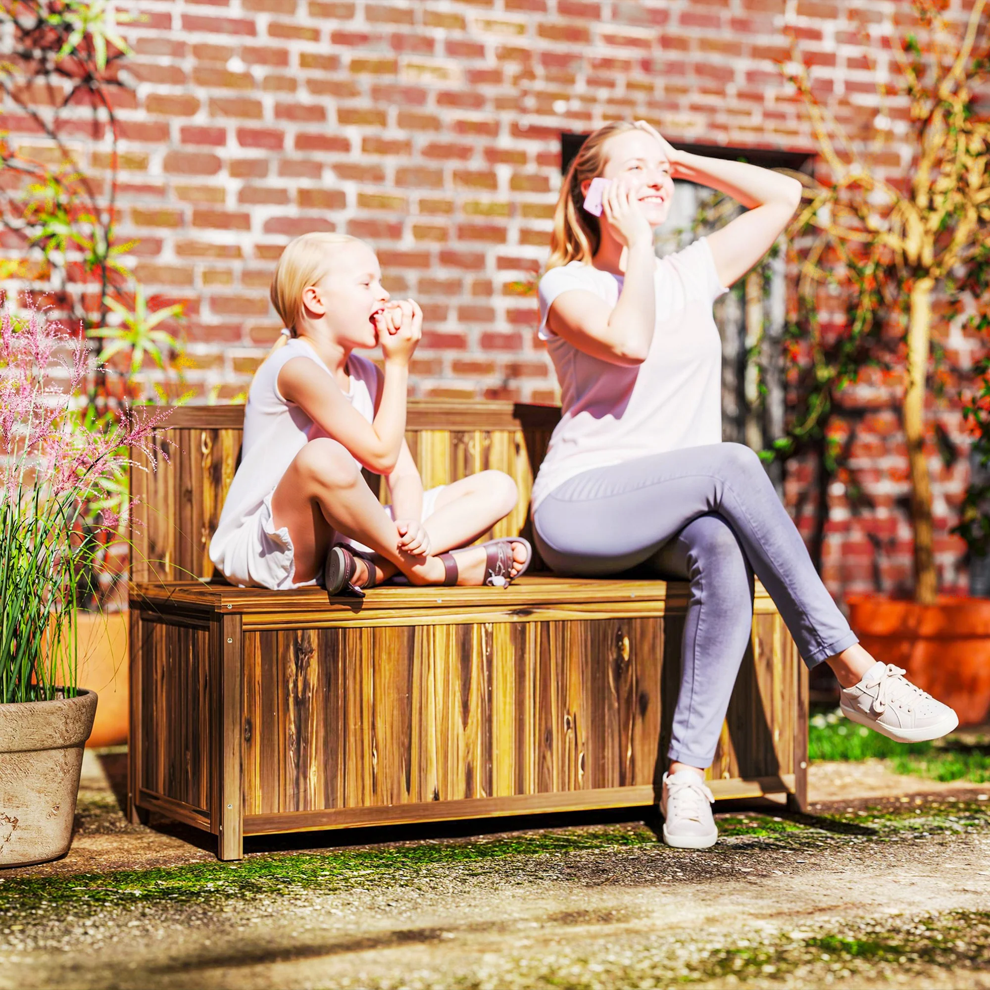 Outsunny Wood Storage Bench for Patio, Outdoor Garden Seating, Brown - Image 17
