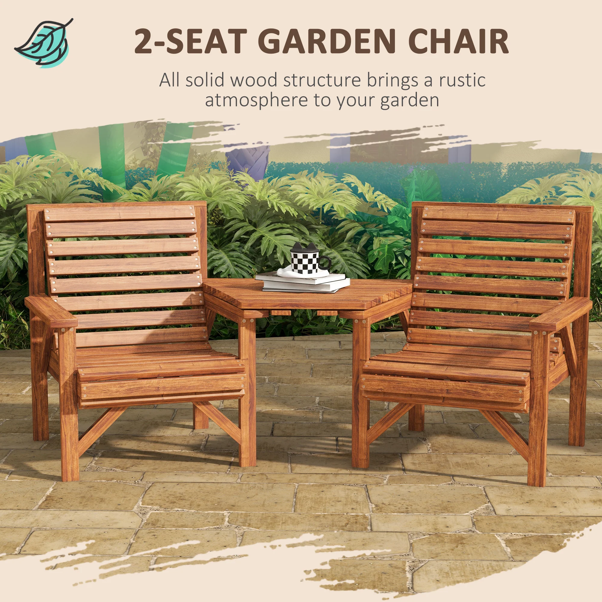 Outsunny Wooden Garden Love Seat W/ Coffee Table Partner Bench Tan Brown - Image 12