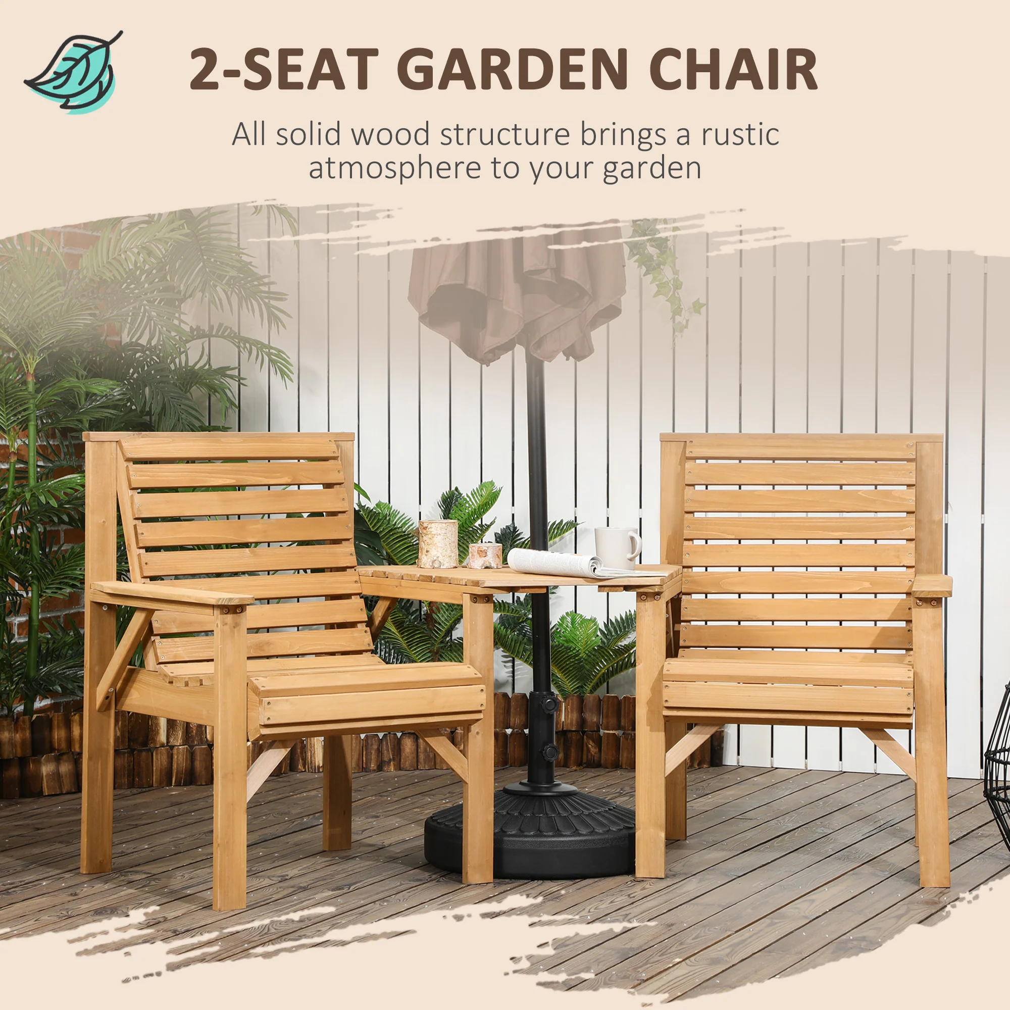 Outsunny Wooden Garden Love Seat W/ Coffee Table Partner Bench Tan Brown - Image 3