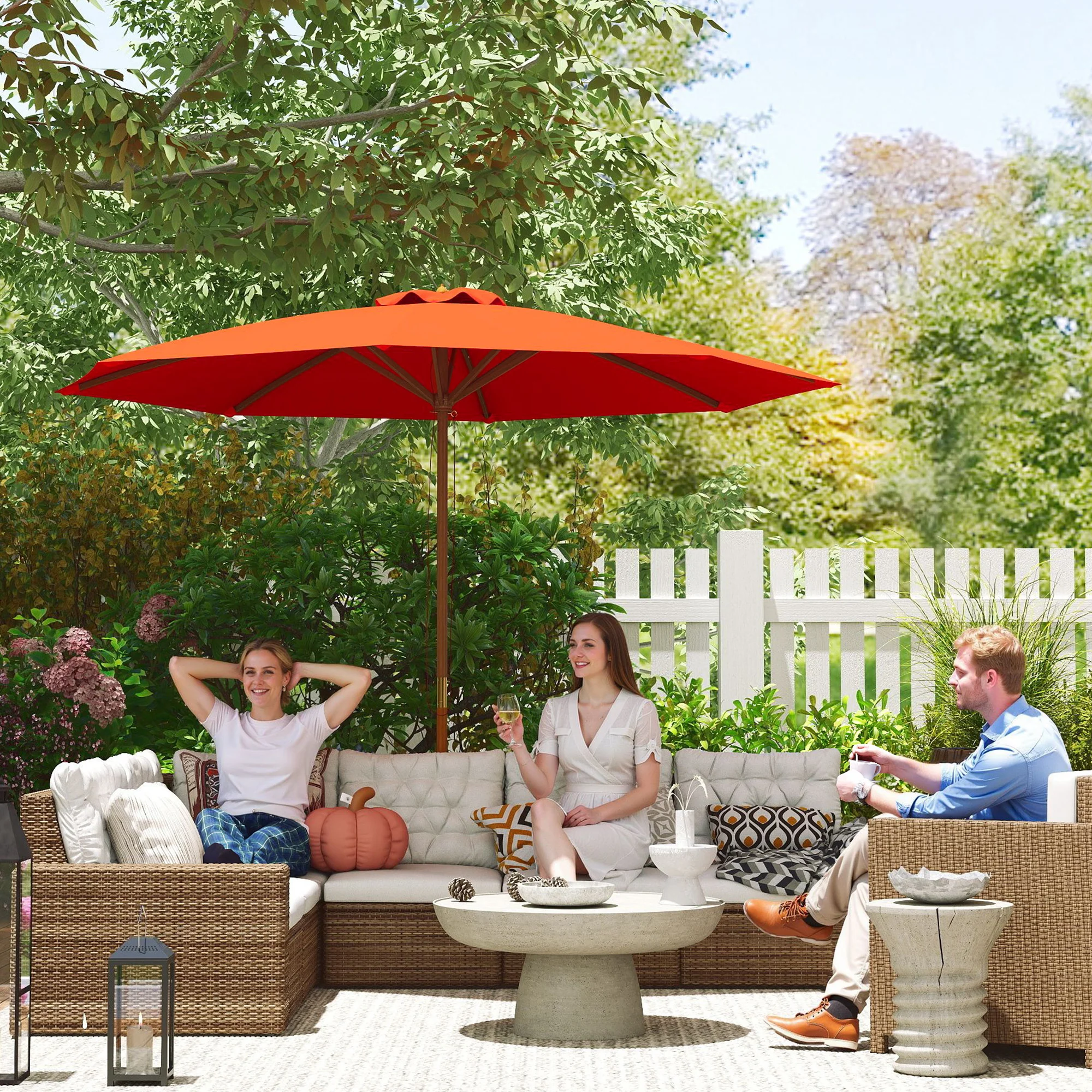 Outsunny Wooden Garden Parasol with Rope Pulley Mechanism and 8 Ribs - Image 11