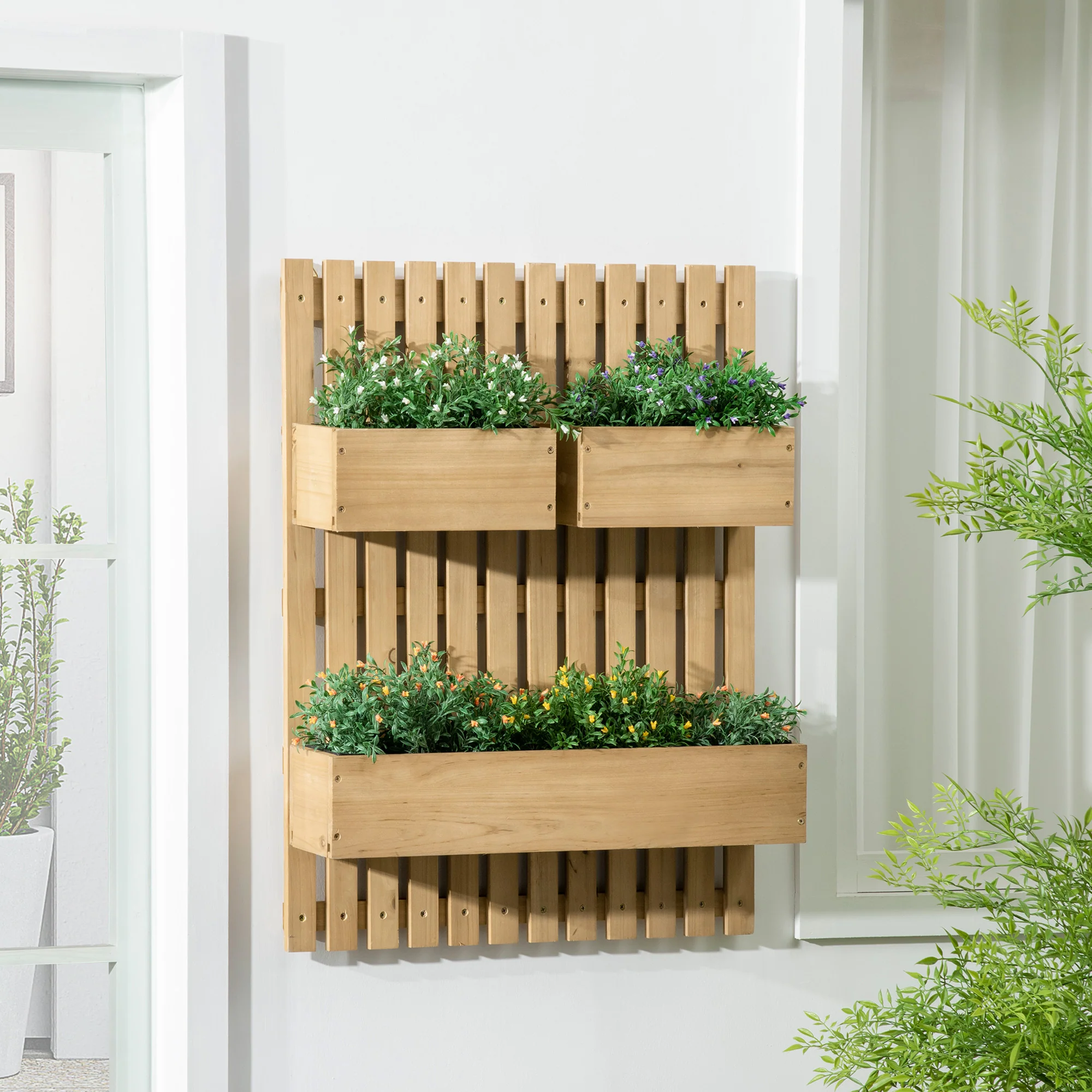 Outsunny Wooden Garden Planters with Trellis Wall-mounted Raised Garden Bed - Image 2