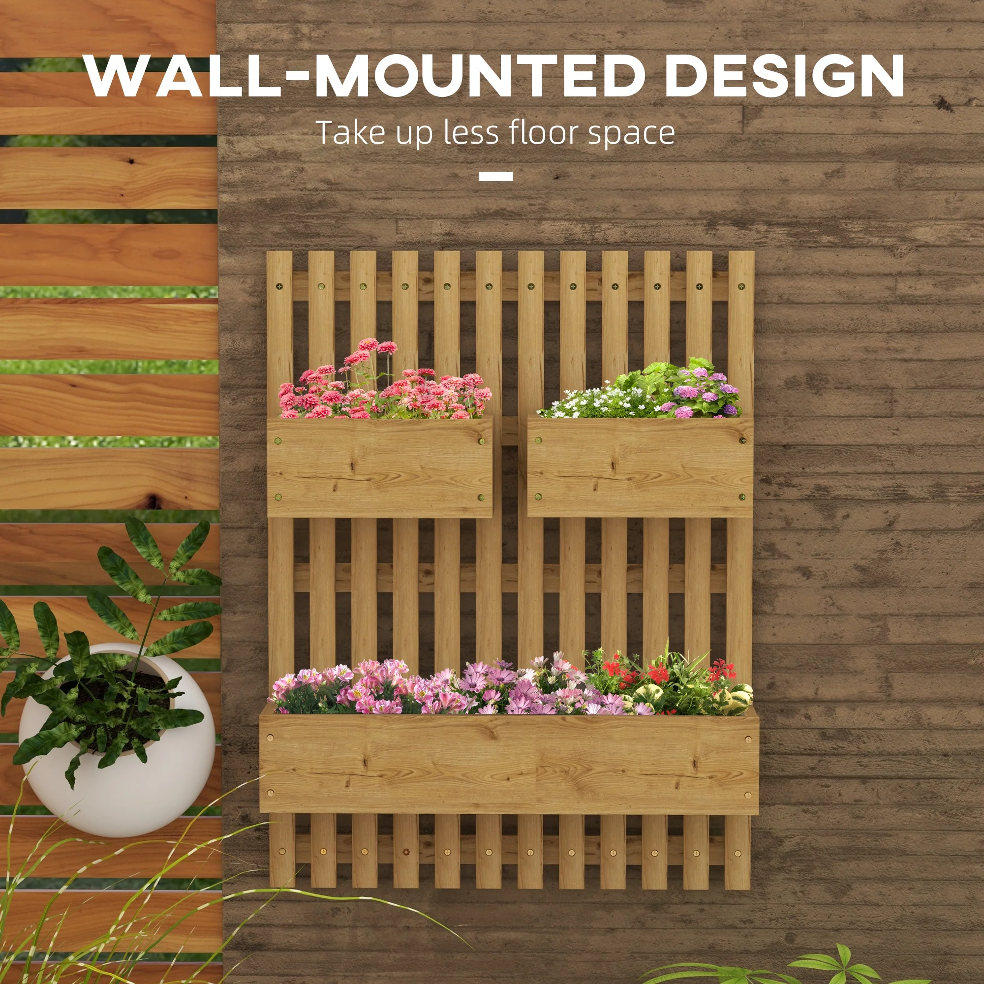 Outsunny Wooden Garden Planters with Trellis Wall-mounted Raised Garden Bed - Image 3
