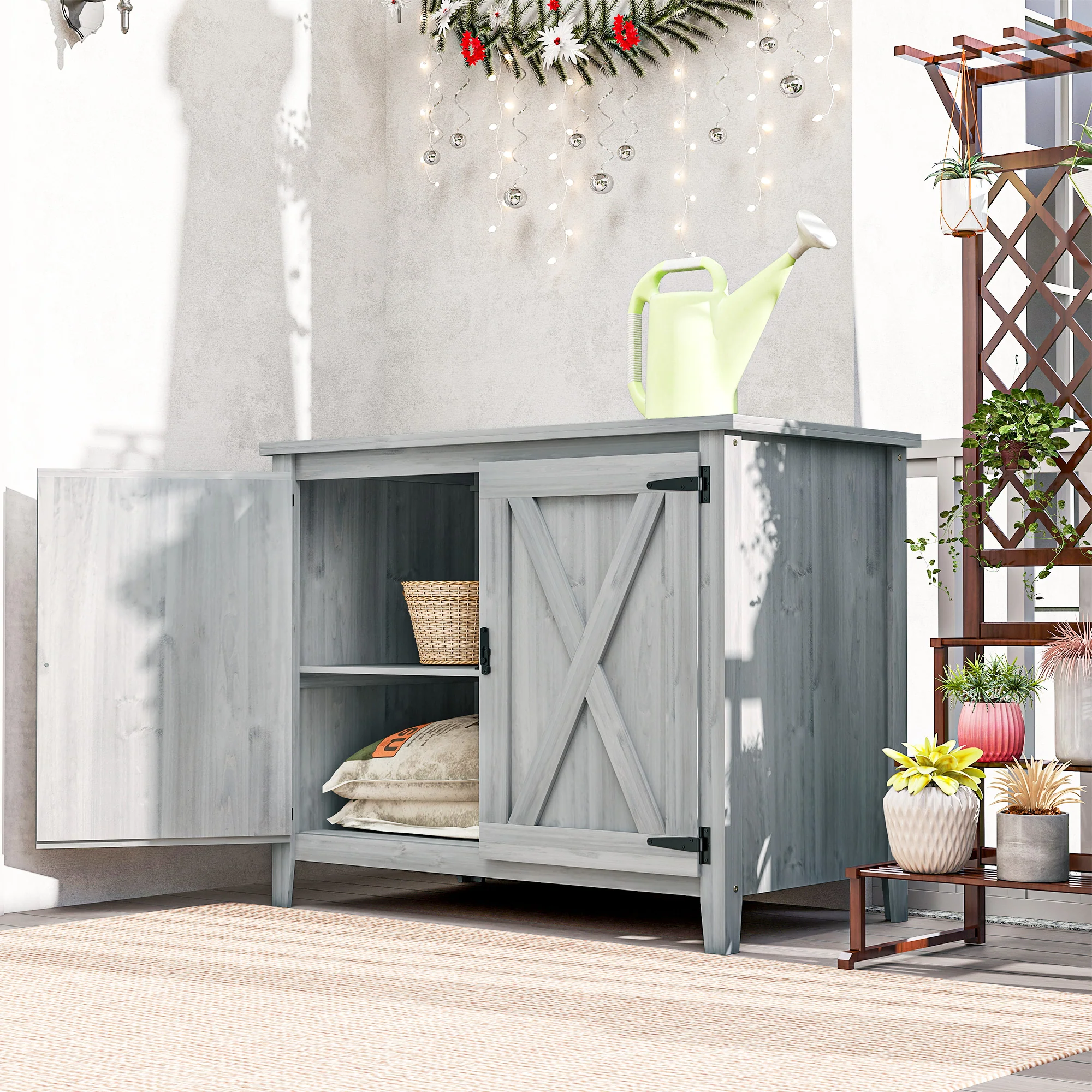 Outsunny Wooden Garden Shed Tool Cabinet 110 x 60 x 88.5 cm, Light Grey - Image 2