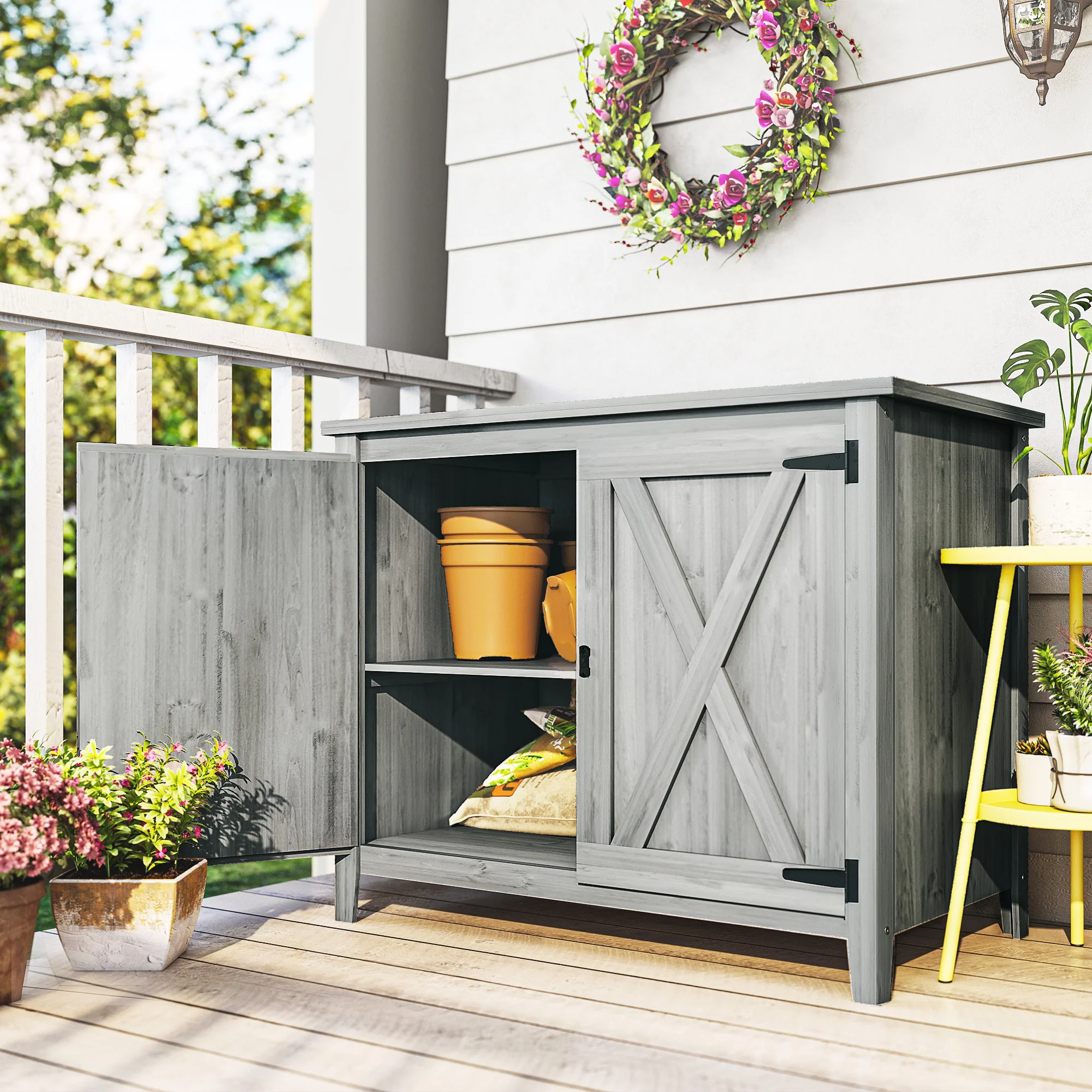 Outsunny Wooden Garden Shed Tool Cabinet 110 x 60 x 88.5 cm, Light Grey - Image 8