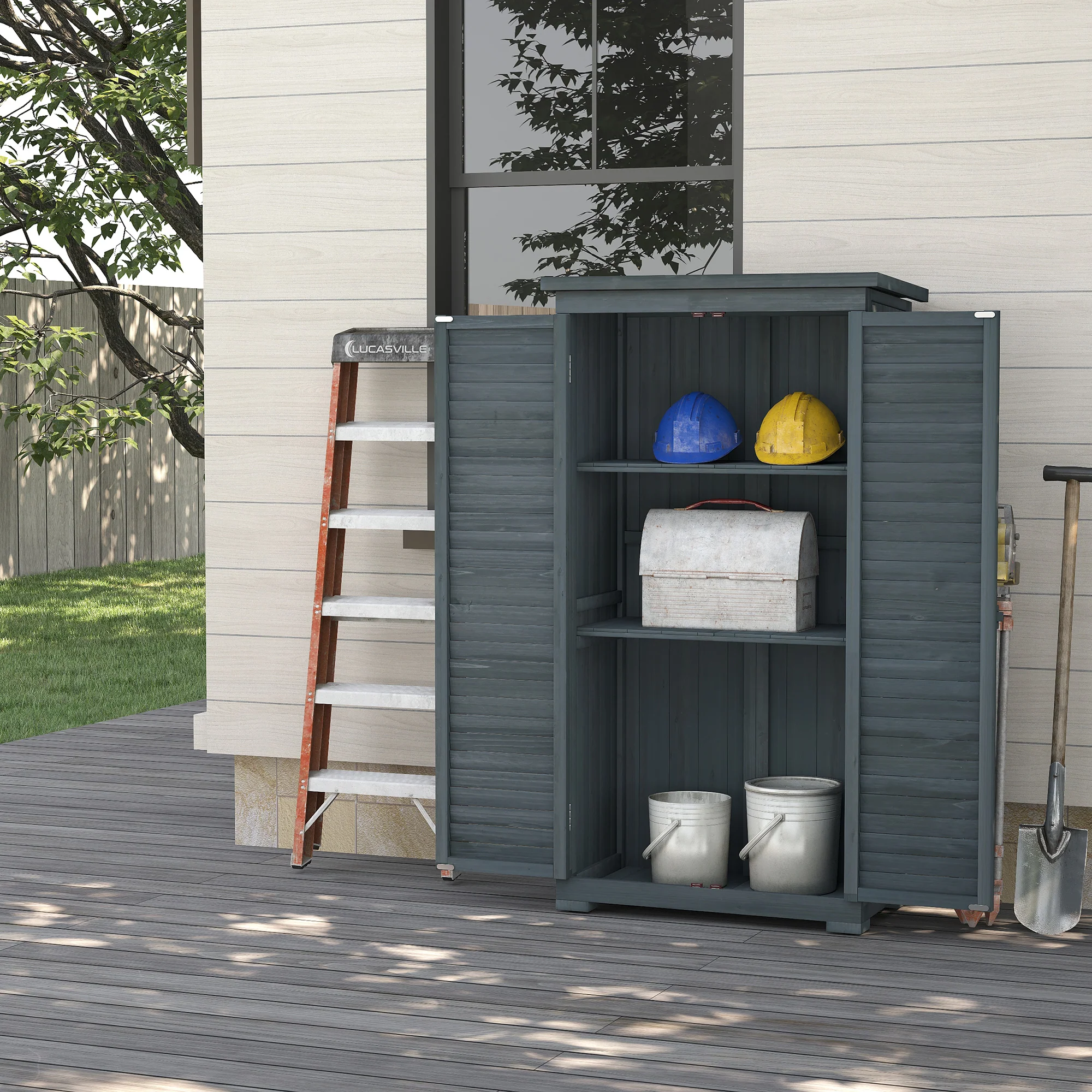 Outsunny Wooden Garden Storage Shed, 3 Shelves Tool Cabinet, Grey - Image 2
