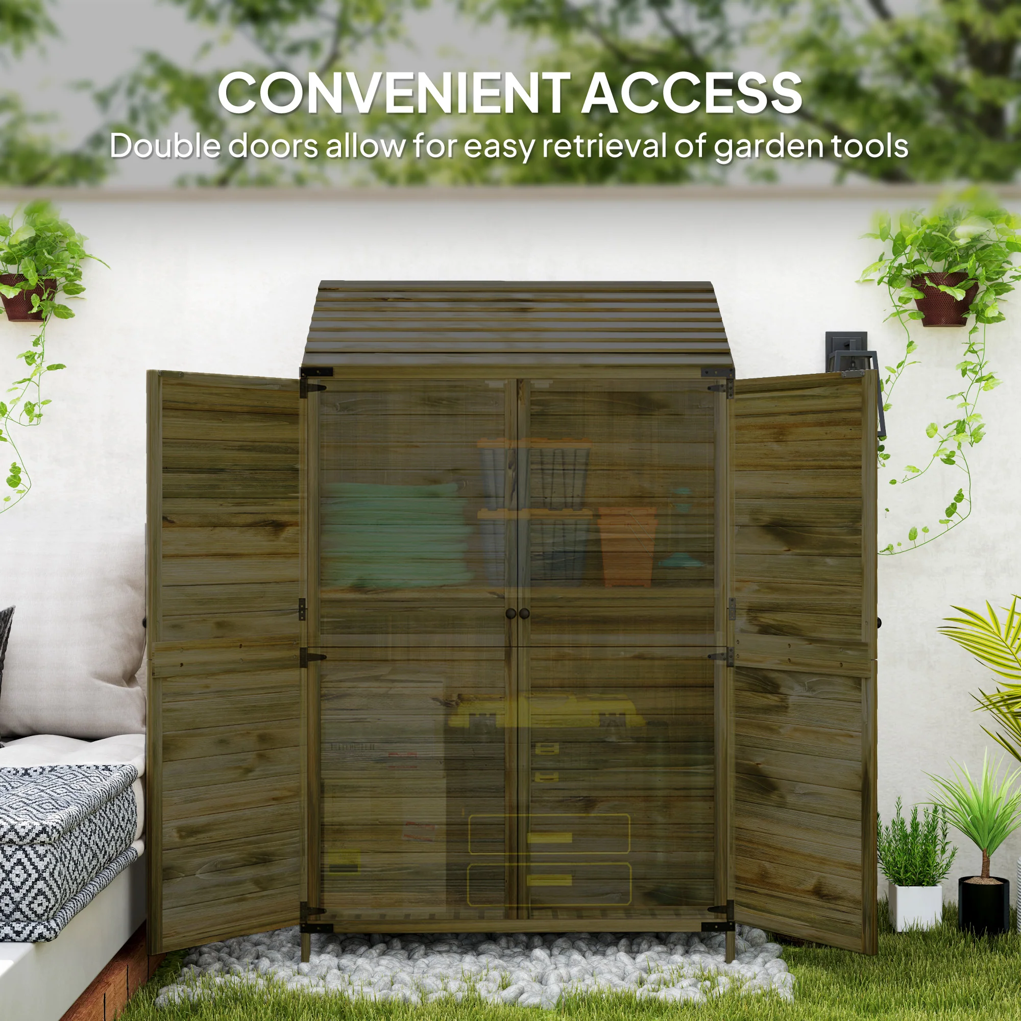 Outsunny Wooden Garden Storage Shed W/Double Doors And Shelves, Green - Image 4