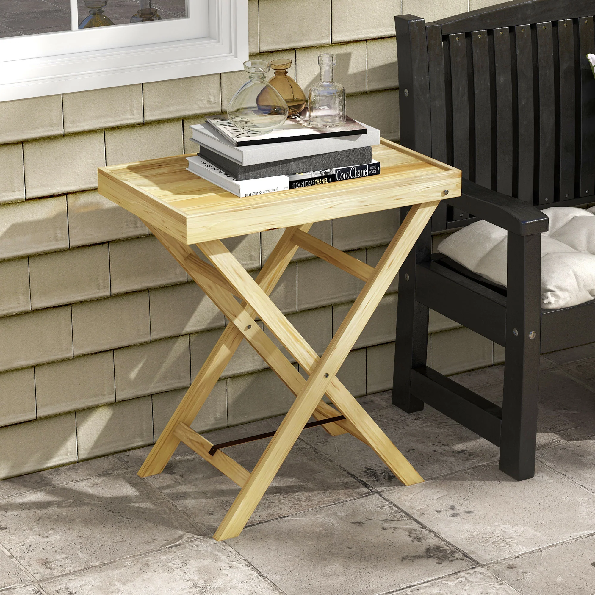 Outsunny Wooden Garden Table, Outdoor Side Table 68cmx44cmx75cm, Natural - Image 2