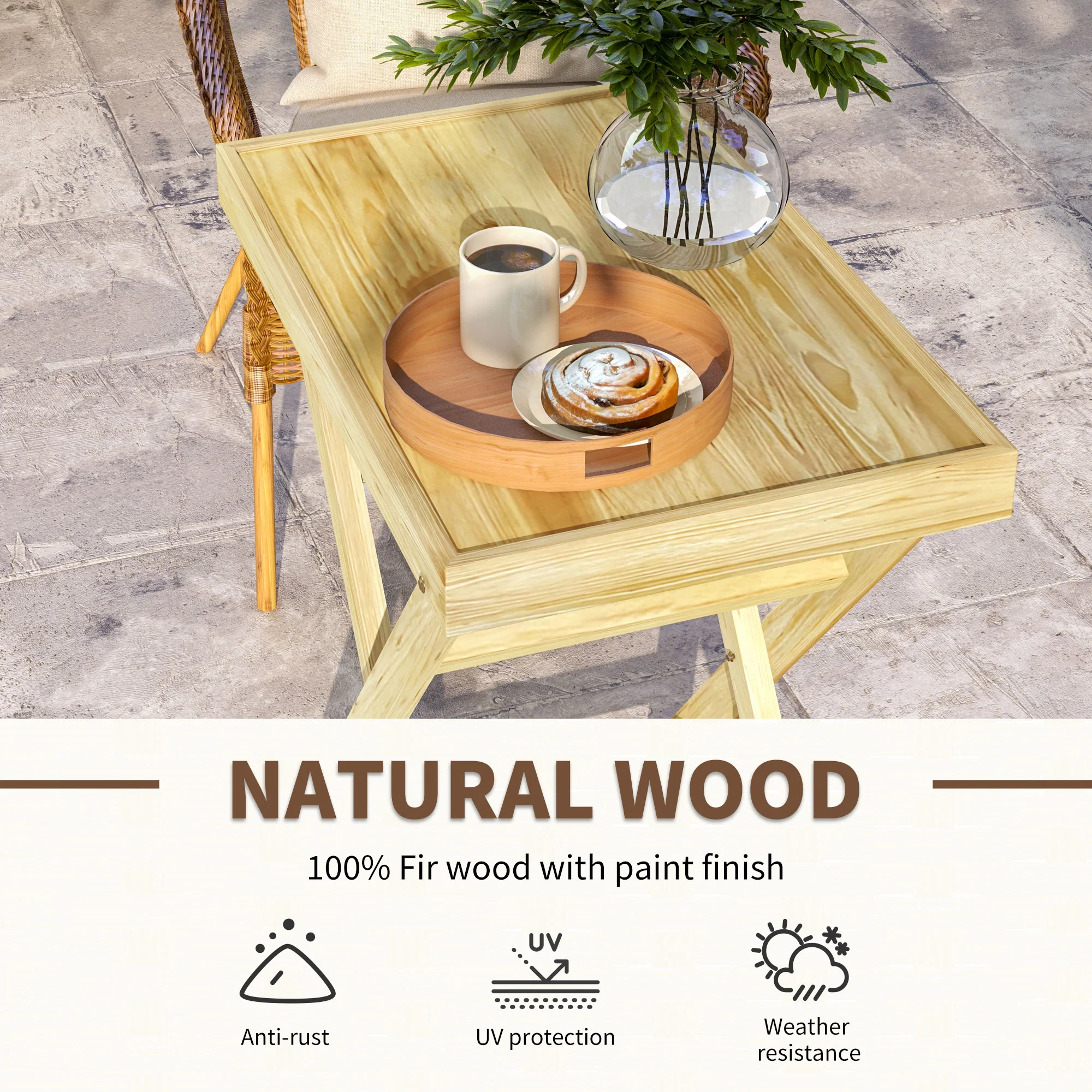 Outsunny Wooden Garden Table, Outdoor Side Table 68cmx44cmx75cm, Natural - Image 3